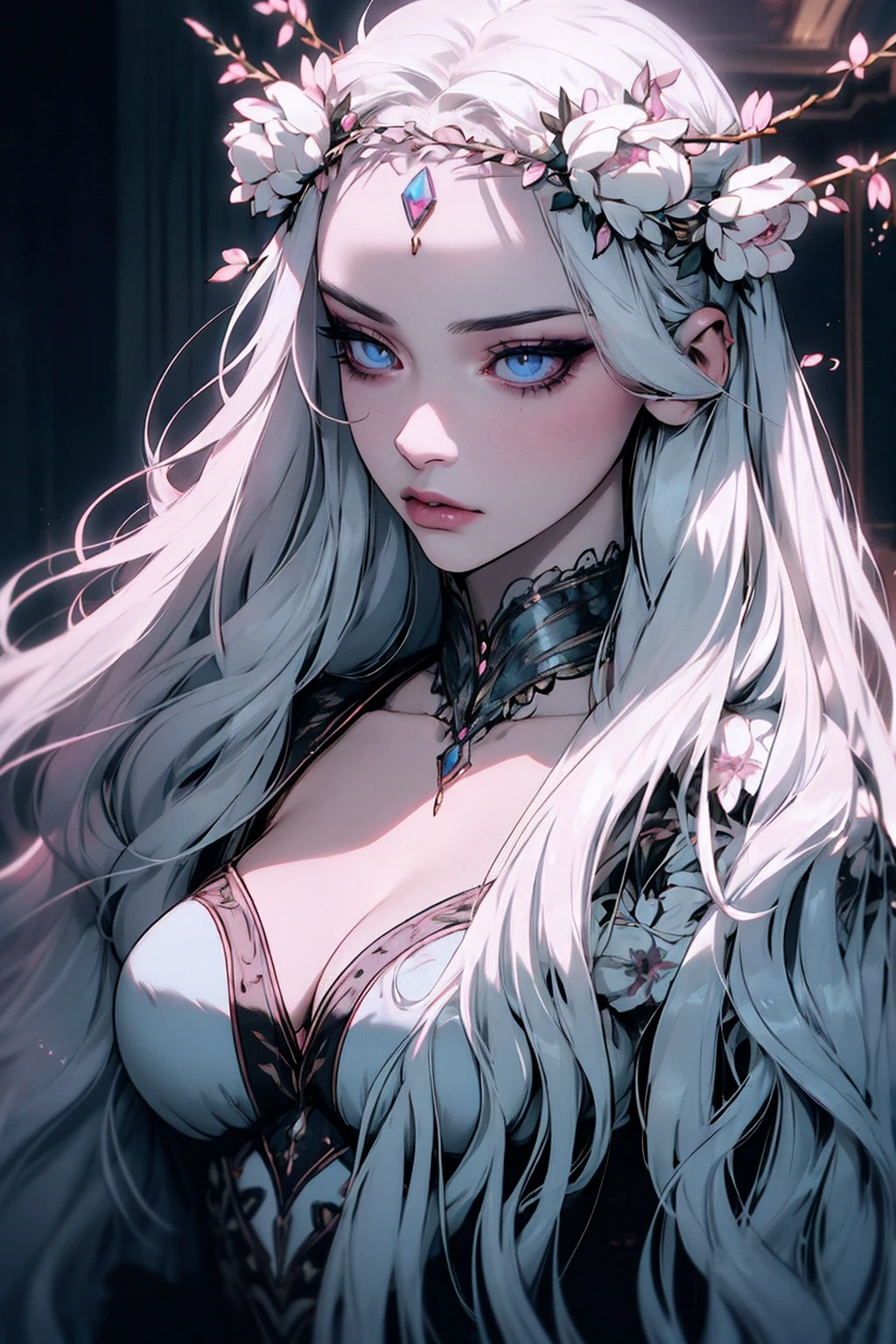 hyper-realistic of a mysterious woman with flowing silver hair, piercing opal eyes, and a delicate floral crown, , upper body