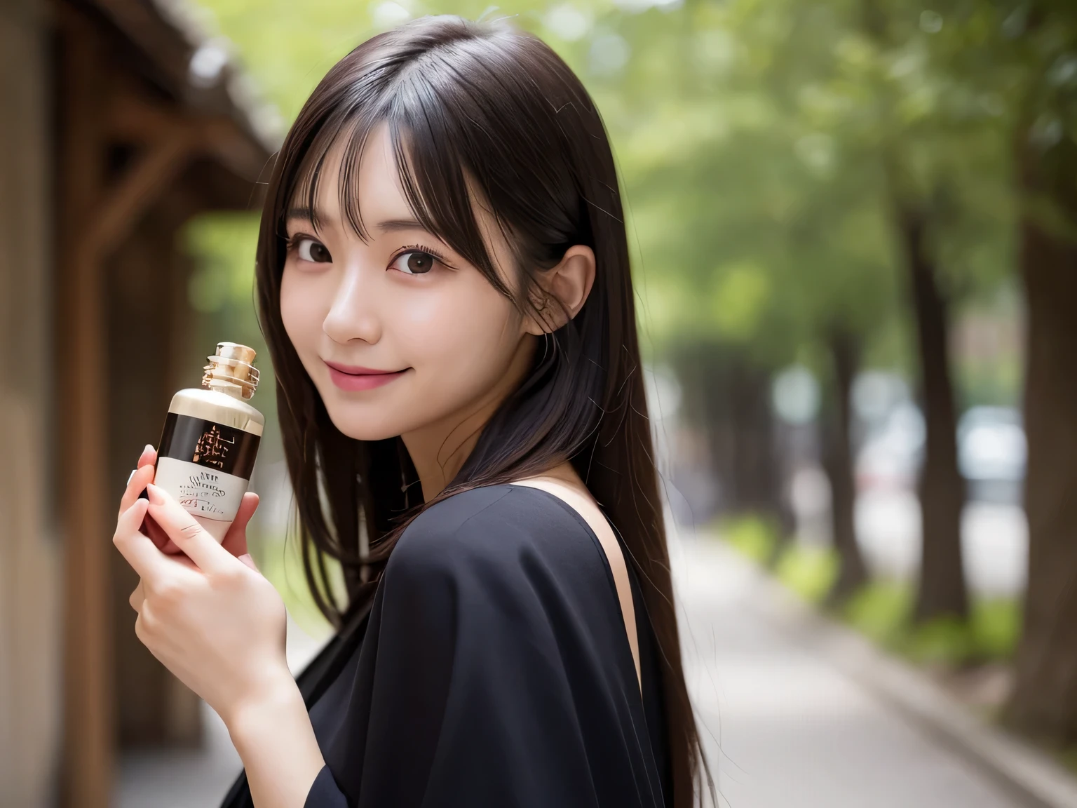 masutepiece, Best Quality, Photorealsitic, finely detail, hight resolution, 8K Wallpapers, Perfect dynamic composition, Beautiful detailed eyes, Medium Hair, large full breasts, a young 25 years old asian girl aiko, facing her back at the camera with her long silky black hair. holding a small bottle at her hand on her head. possing to show off the product. wearing a black gown 、23years old、(Drooping eyes 1.4)、Adult beauty、japanese, holding a small bottel serum with a smile
