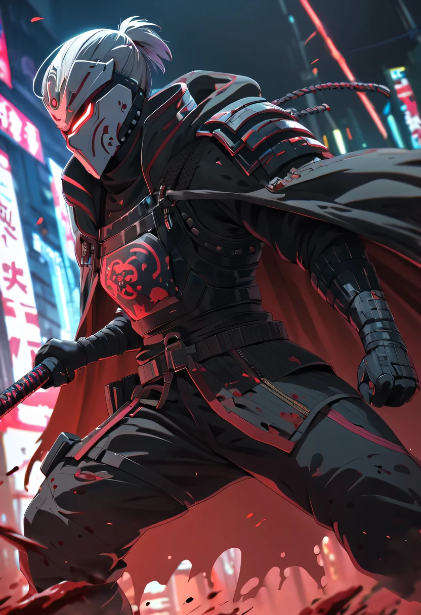 sh4g0d风格赛博朋克武士，(cape mask:1.2),(Strong dynamic stance:1.5)，(struggle:1.3)，(blood spatter)，Strong，His face is very determined， 8k, Ultra-detailed, precise, best quality