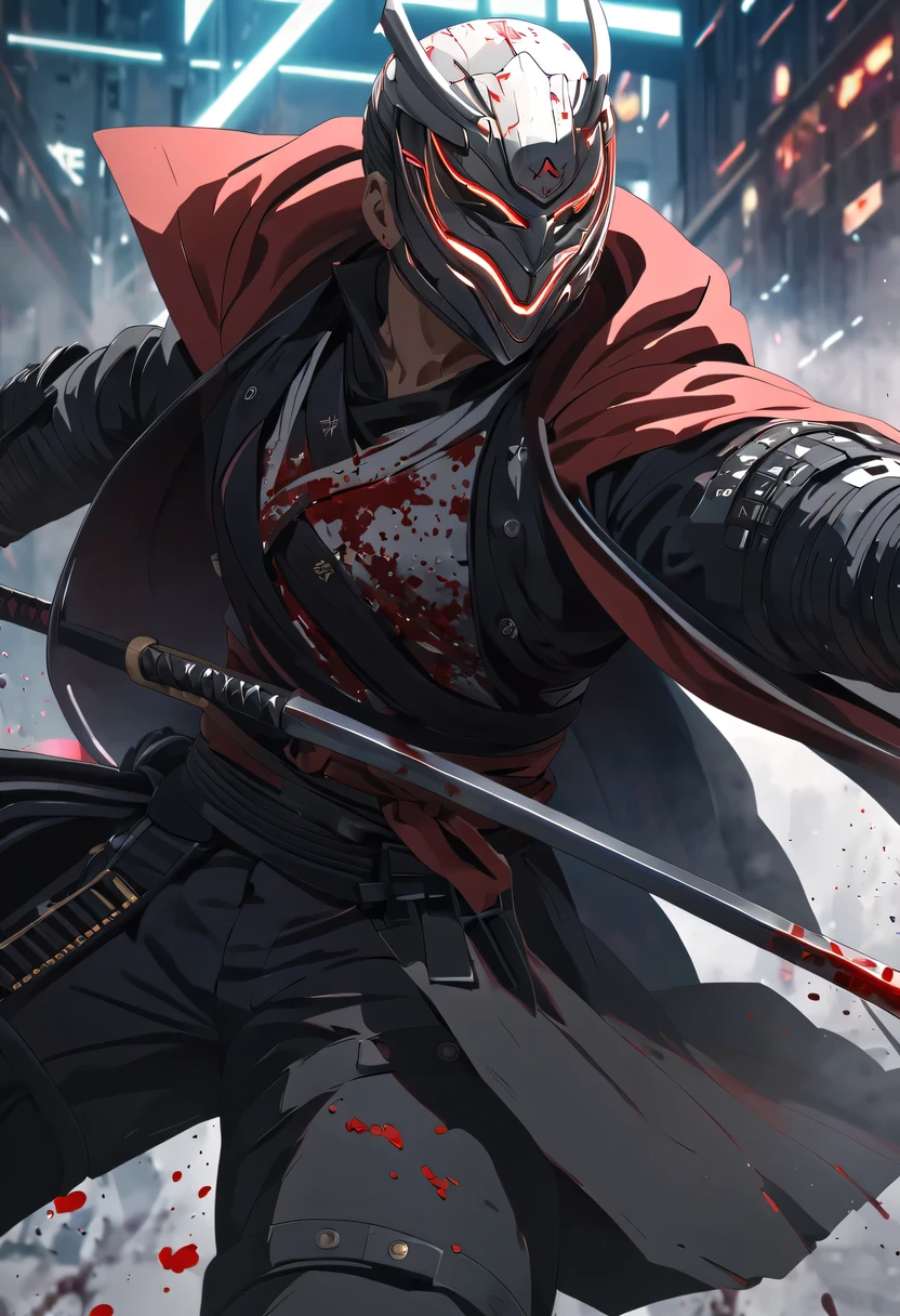 sh4g0d风格赛博朋克武士，(cape mask:1.2),(Strong dynamic stance)，struggle，(blood spatter)，Strong，His face is very determined， 8k, Ultra-detailed, precise, best quality