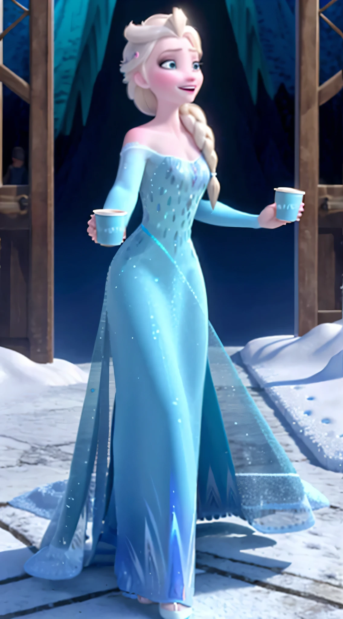"Create masterpieces with the best quality, Elsa of Arendelle wears stunning blue ice dress. She should wear braids and look directly at the audience. The background should be a majestic mountain covered in ice and snow, The camera focuses on her torso, Have clavicle, She is posing for a picture.Hand holding a cup of Starbucks coffee"