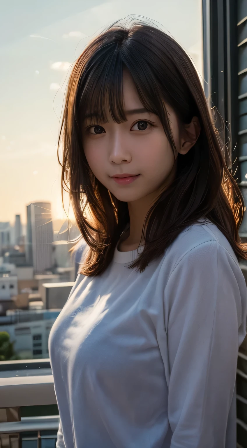 masterpiece, highest quality, 8k, person without order, (Upper body:1.4), white shirt, beautiful girl, cute face, looking at the viewer, smile, surreal, High resolution, photograph, sharp focus, HDR, face light, dynamic lighting, movie lighting, professional shadow, beautiful cityscape background, best details, very detailed, Super detailed, finely, real skin, delicate facial features, detailed face and eyes, sharp pupils、Real students