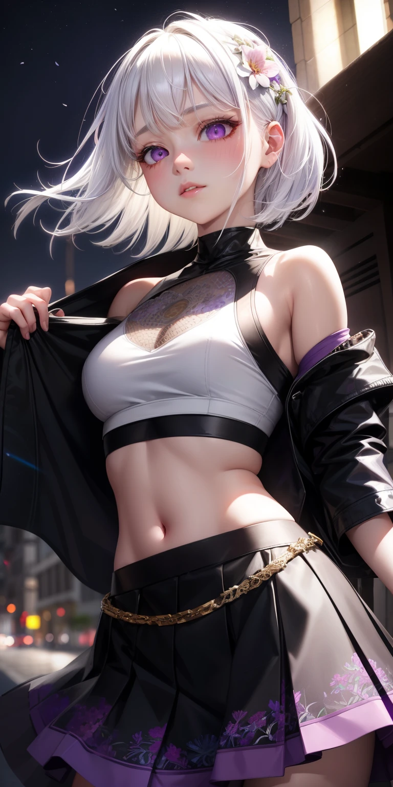 actual, 1 girl, white hair, purple eyes, glowing eyes, crop top, skirt, open lips, blush, night, flowers, sun, sunlight,