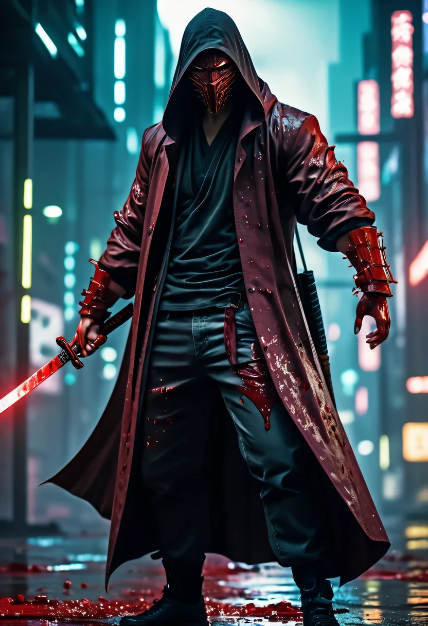 sh4g0d风格赛博朋克武士，(cape mask:1.2),(Strong dynamic stance:1.5)，(struggle:1.3)，(blood spatter)，Strong，His face is very determined， 8k, Ultra-detailed, precise, best quality