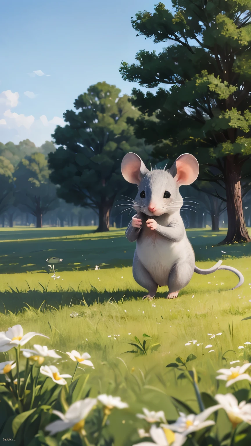 A little gray mouse with a white belly exploring in a field. He's smelling something special