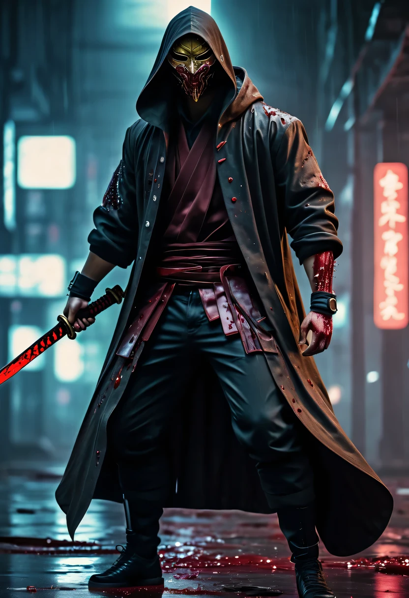 sh4g0d风格赛博朋克武士，(cape mask:1.2),(Strong dynamic stance:1.5)，struggle，(blood spatter)，Strong，His face is very determined， 8k, Ultra-detailed, precise, best quality