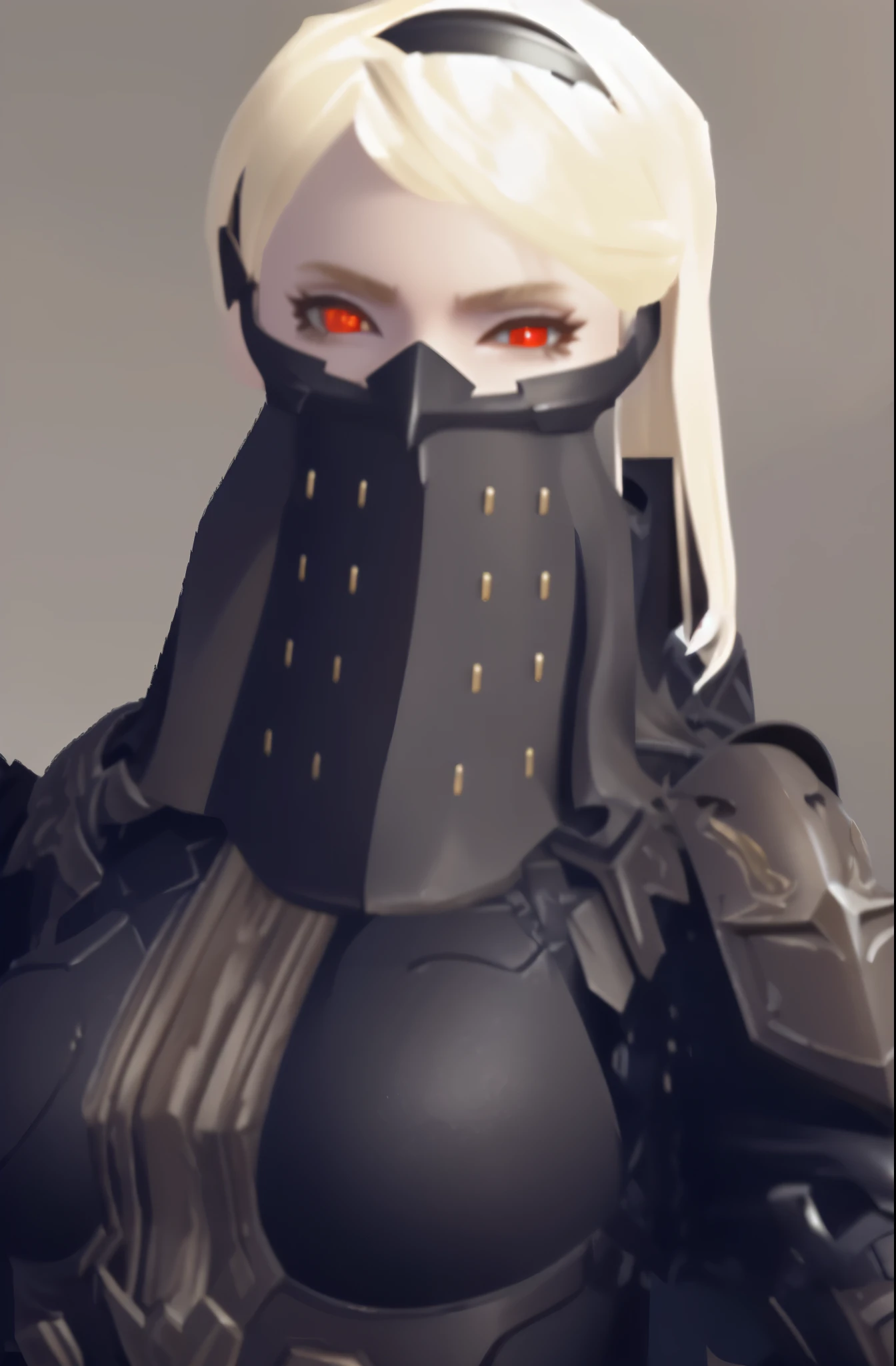 8k, masterpiece, best qualty, 3d model, sharp textures, black face mask, blonde hair, red eyes, heavy black armor, black hairband