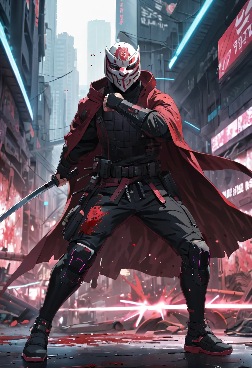 sh4g0d风格赛博朋克武士，(cape mask:1.2),(Strong dynamic stance:1.5)，(struggle:1.3)，(blood spatter)，Strong，His face is very determined， 8k, Ultra-detailed, precise, best quality
