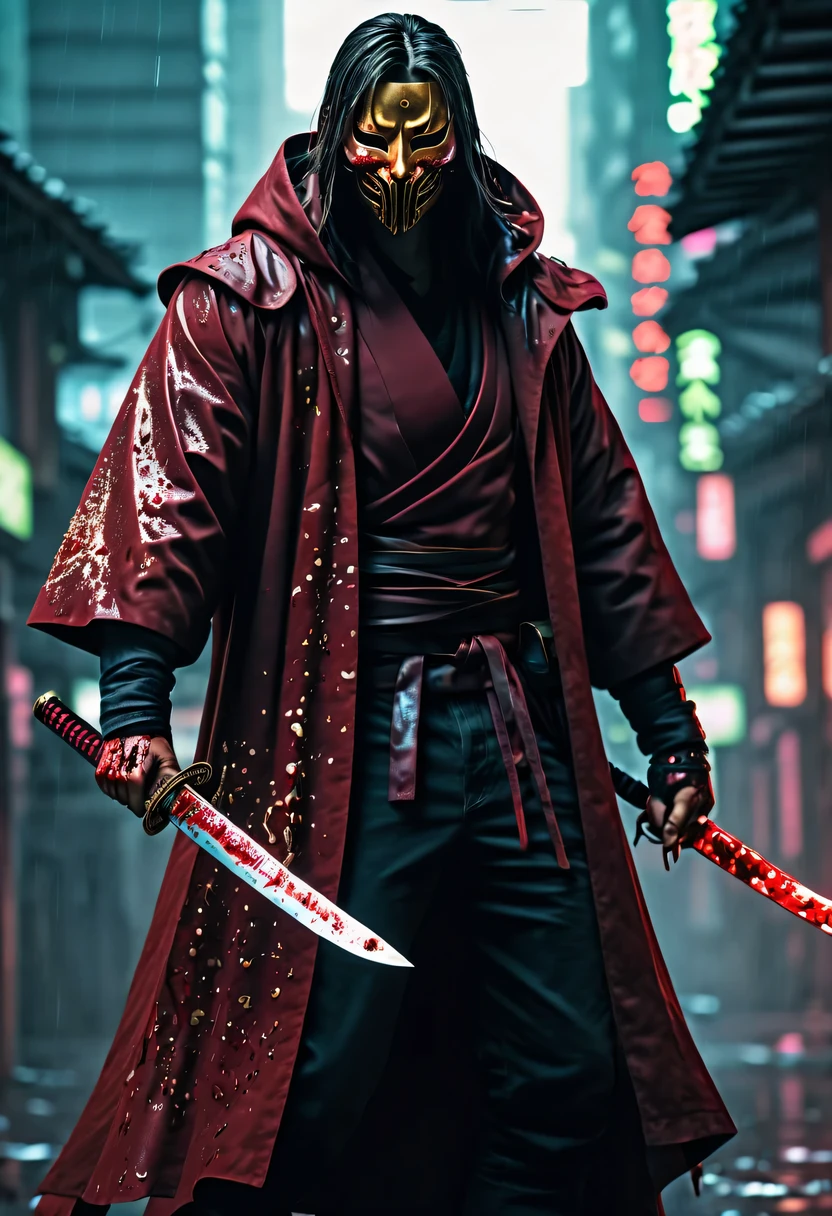 sh4g0d风格赛博朋克武士，(cape mask:1.2),(Strong dynamic stance:1.5)，(struggle:1.3)，(blood spatter)，Strong，His face is very determined， 8k, Ultra-detailed, precise, best quality