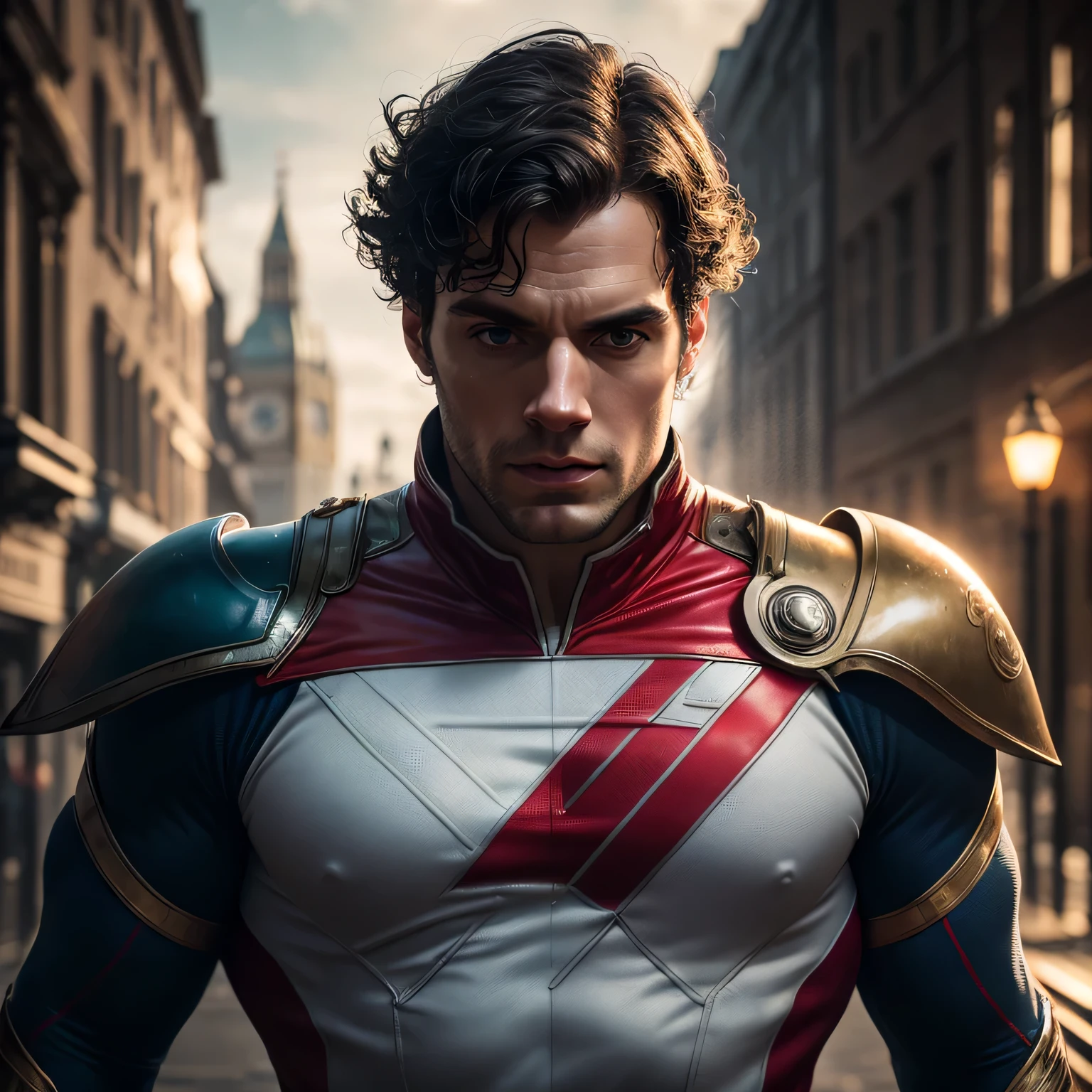 Henry Cavill as Captain Britain, luzes brilhantes, (Dynamic Pose), (hyper Realista:1.4), (Realista:1.3), (Pele com textura real da melhor qualidade), Corpo todo, (cinematic light), pele altamente detalhada , poros da pele, (rosto altamente detalhado:1.1), (olhos altamente detalhados:1.1), Realista pupils, (anatomia perfeita:1.1), (perfect proportions:1.1), (fotografia:1.1), (photoRealista:1.1), volumetric lighting, dynamic lighting, sombras reais, (high resolution:1.1), Afiado focus, luz do dia, (Realista, hyperRealista:1.4), intricado, Alto detalhe, Dramatic, Subsurface Dispersion, Grande profundidade de campo, vivid, Polido, Afiado, ((totally Afiado)), (Extremamente absurdo),8k hdr, Plano de fundo de Londres