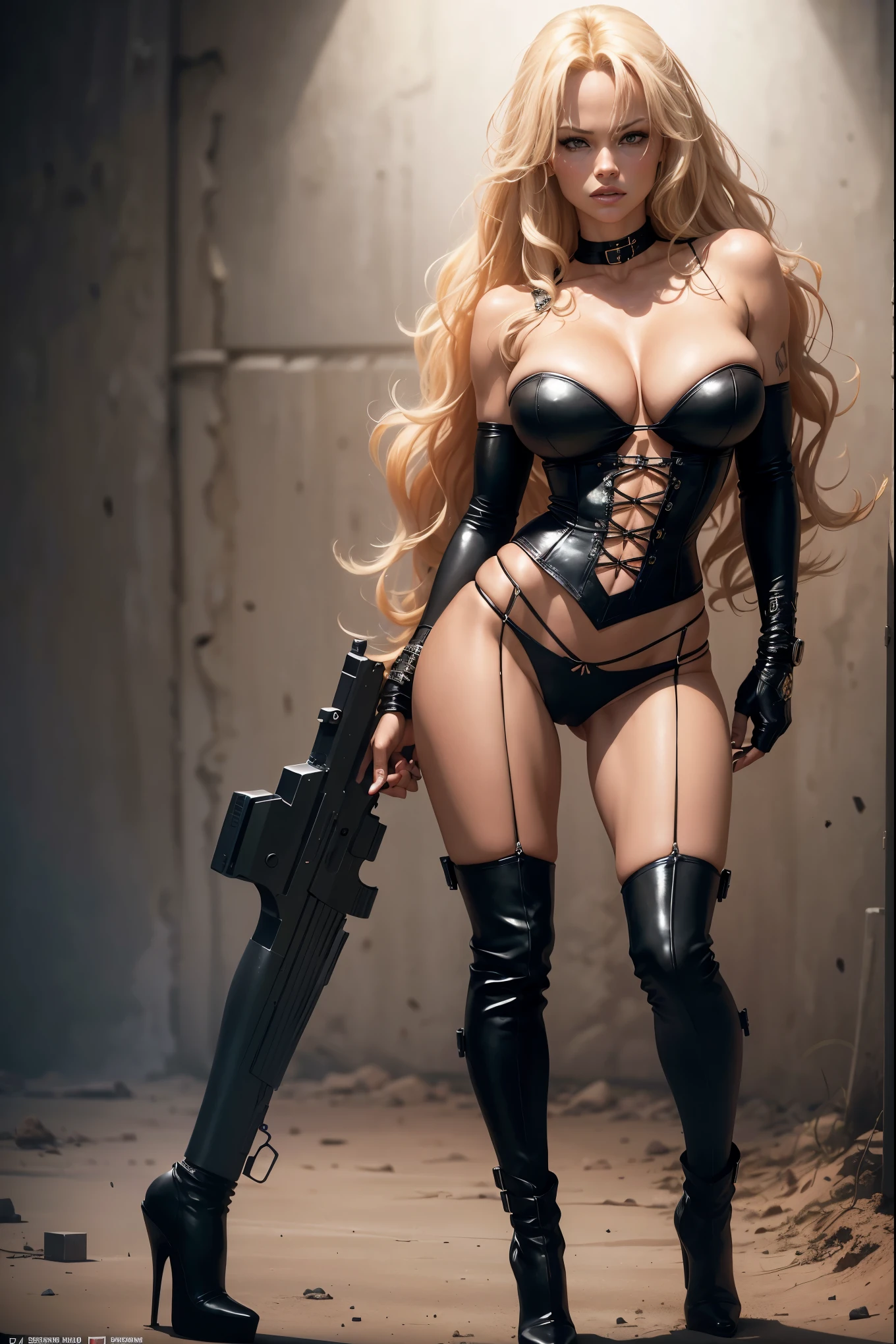 pam anderson as Barb Wire, black bustier, long black boots with high heels, large , long wavy blond hair, make-up, sexy, cleavage, Pamela Anderson, large black desert eagle handgun, 1girl, solo