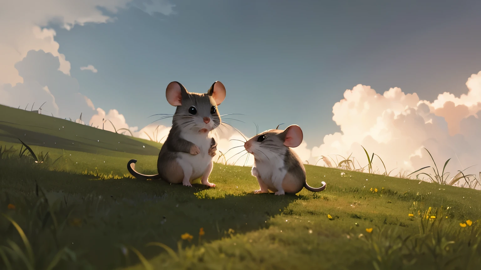 This little mouse is with his family. the environment is cloudy, it's about to rain, mice are scared