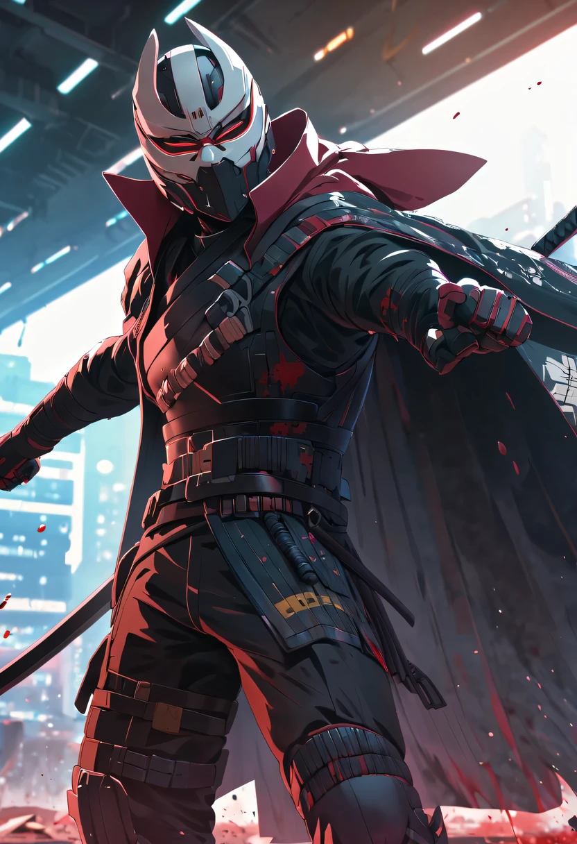 sh4g0d风格赛博朋克武士，(cape mask:1.2),(Strong dynamic stance:1.5)，(struggle:1.3)，(blood spatter)，Strong，His face is very determined， 8k, Ultra-detailed, precise, best quality