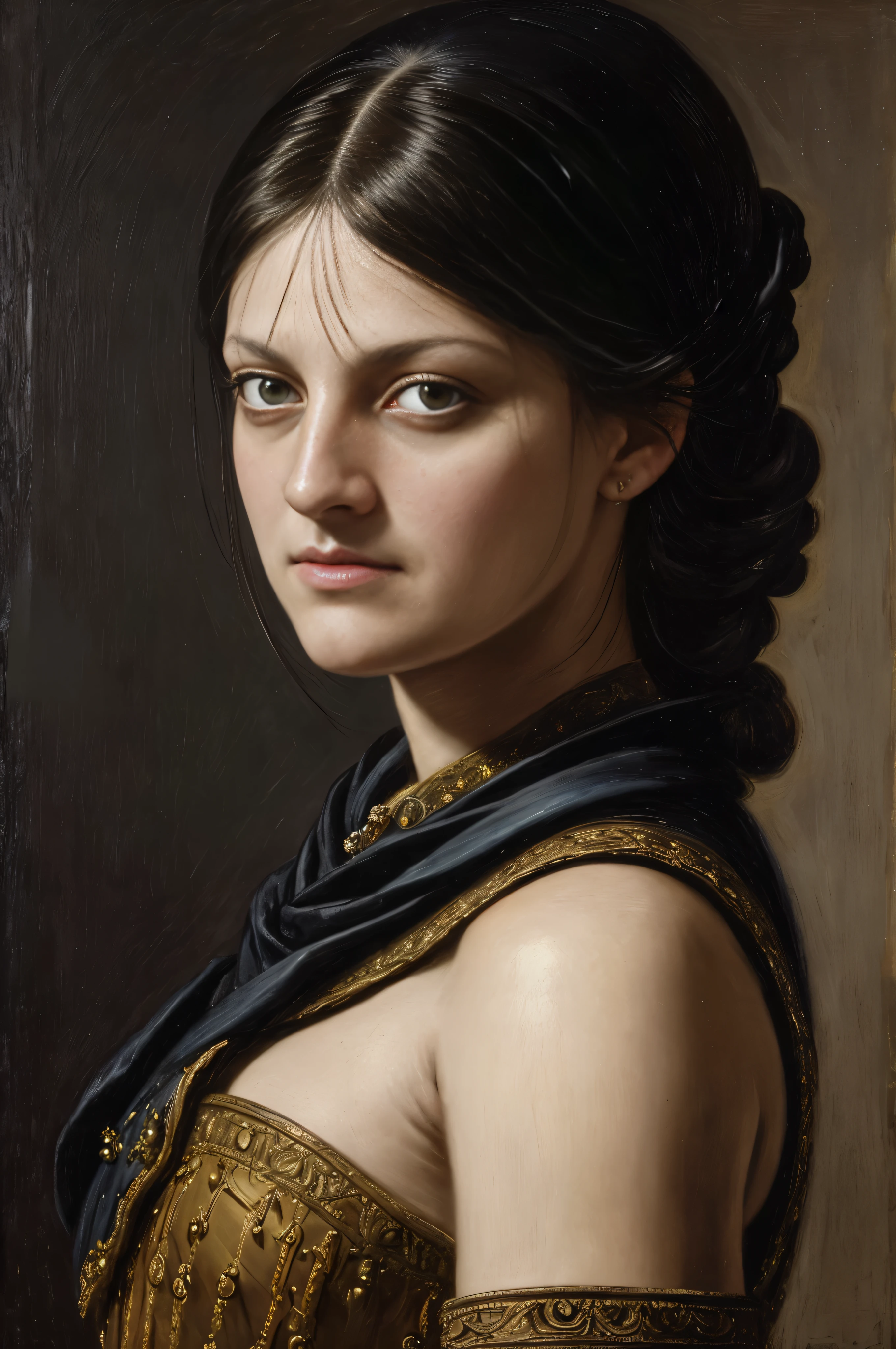 Looks like Elisabeth Moss, 45 years old Woman, thick attractive figure, A Spanish soldier in a conquistador outfit stands proudly, her slender frame almost gaunt beneath the medieval aesthetics of the day. With shoulder-length black hair cascading down her back, she wields a sword and shield while a sinister smile plays on her lips. Her piercing purple eyes reveal a depth of field that is both sharp and highly detailed, capturing the intricate details of her sharp facial features. With sunken eyes and a scar over her left cheek, she eschews a helmet or hat, allowing her jet black hair to frame her face in baroque style. Her rage is palpable in her angry, ragged eyes as if ready for battle. This detailed oil painting, infused with Glazing, Tenebrism, and scumbling techniques, recalls the masterpieces of Rembrandt and Artemisia Gentileschi.