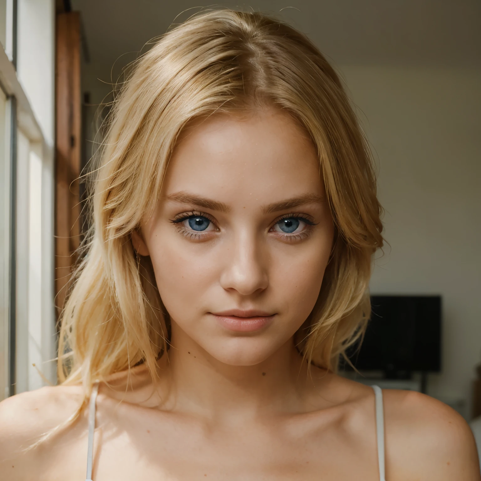 A portrait of a really beautiful 26 year old blonde girl, blue eyes, looking directly at the camera