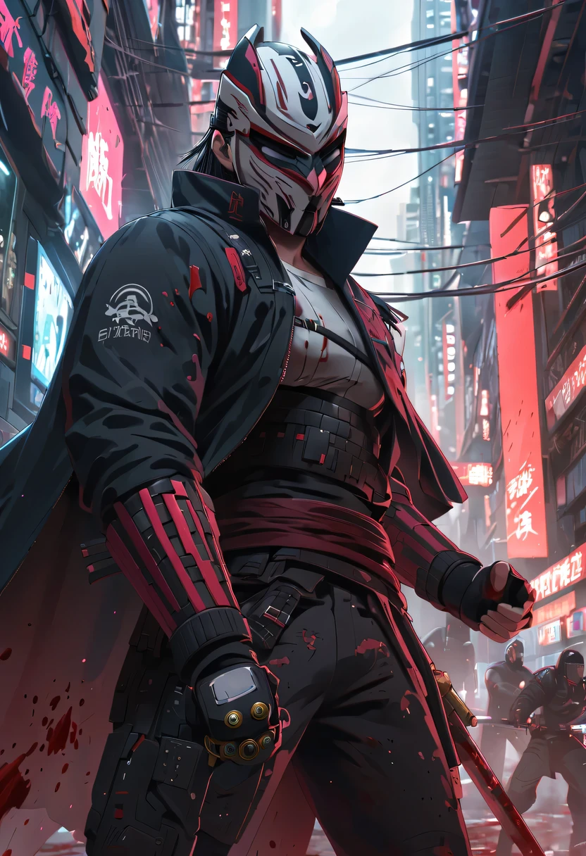 sh4g0d风格赛博朋克武士，(cape mask:1.2),(Strong dynamic stance:1.5)，(struggle:1.3)，(blood spatter)，Strong，His face is very determined， 8k, Ultra-detailed, precise, best quality