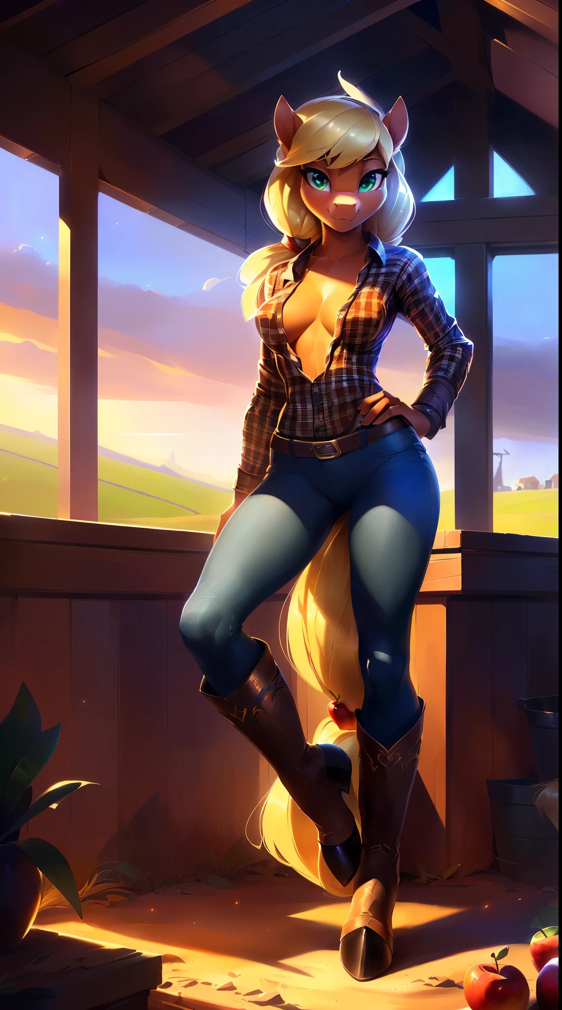 uploaded on e621, by Bayard Wu, by Thomas Benjamin Kennington, by Einshelm, solo anthro, ((Portrait)), ((Wear a green plaid farmer's shirt, jeans tight shorts)), (knee-high latex legwear), (detailed Bonifasko lighting), (Detailed fur), (detailed skin), (Cinematic lighting), ((Detailed background, farm)), (half body shadow), [ambient light on the belly], [explict content], [sharp-focus], (shaded), ((Masterpiece), green eyes, (long hair:1.4), (blonde hair, tied down in a bun), Average Breasts, pectoral muscles, Fluffy pony, MLP, My Little Pony, (Applejack), orange skin, happy, work pony, (fluffy fur), fluffy tights, fluffy chest, furry fantasy art, anthro art, commission for high res, Furry art, pov furry art, Sakimichan is beautiful, Masterpiece, Best Quality, Detailed image, Bright colors, Detailed Face, perfect  lighting, Perfect shadows, Perfect eyes, focus on girl, gorgeous body, Hourglass body, feet focus (hooves in cowboy boots), Fluffy, fluffy girl, Body fur, Animal nose, muzzle, Playful look, half closed eyes, 1girl, full body, Detailed fur, Balanced coloring, ((Long mane, pony tail)), Furry, anthro, (attractive body), looking at viewer, seductive gaze, seductive posing, perfect legs, working in dirt, erotic view