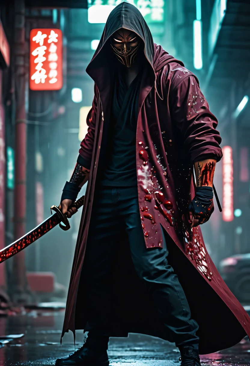 sh4g0d风格赛博朋克武士，(cape mask:1.2),(Strong dynamic stance:1.5)，(struggle:1.3)，(blood spatter)，Strong，His face is very determined， 8k, Ultra-detailed, precise, best quality