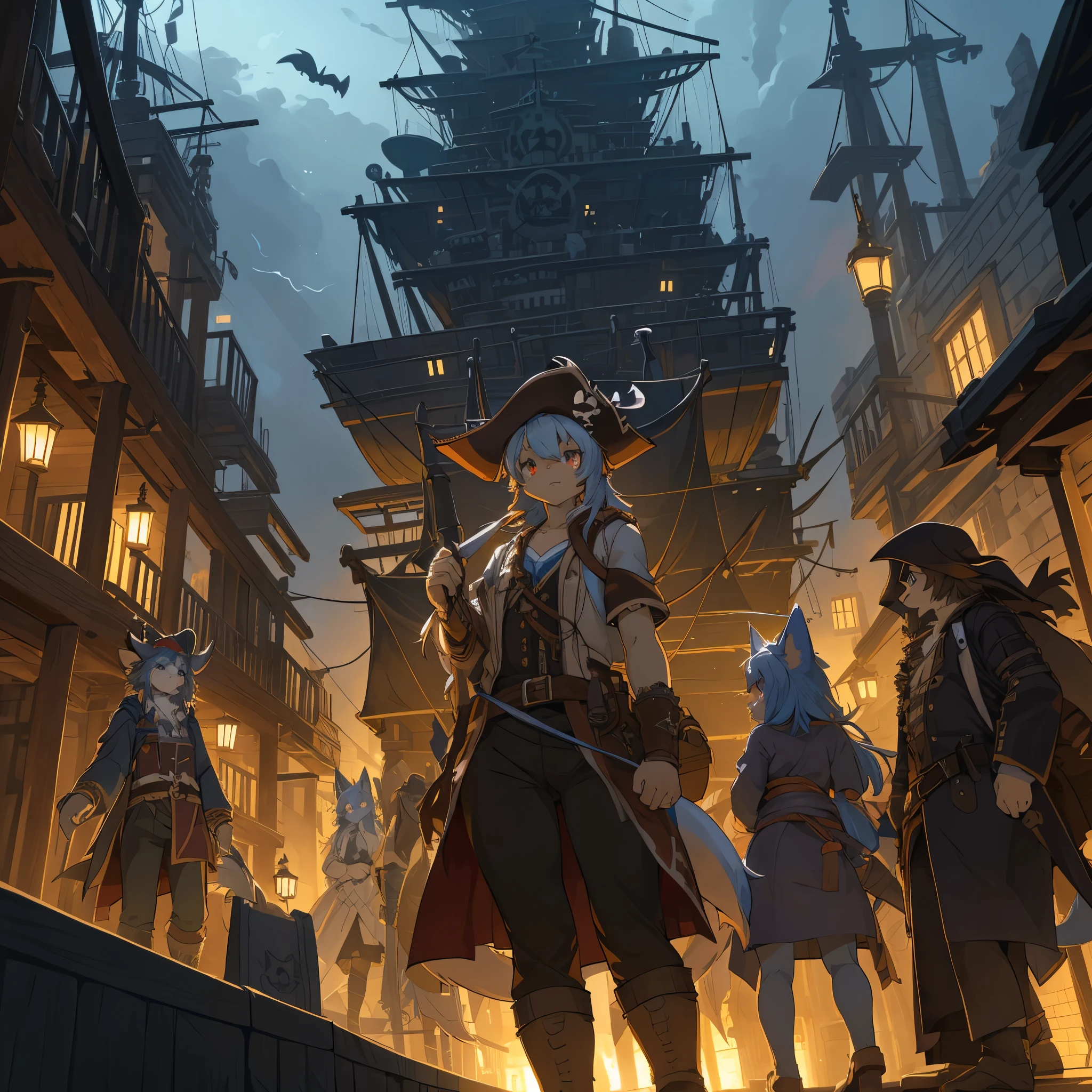top quality, best quality, High-quality illustrations, masterpiece, super high resolution, detailed background, Hospitals with power outages, Spooky creatures, Pirate Ship, a pirate, 6+boys, 6+girls, absurdres(highly detailed beautiful face and eyes)perfect anatomy, expression, good lighting, cinematic shadow(kemono, furry anthro),