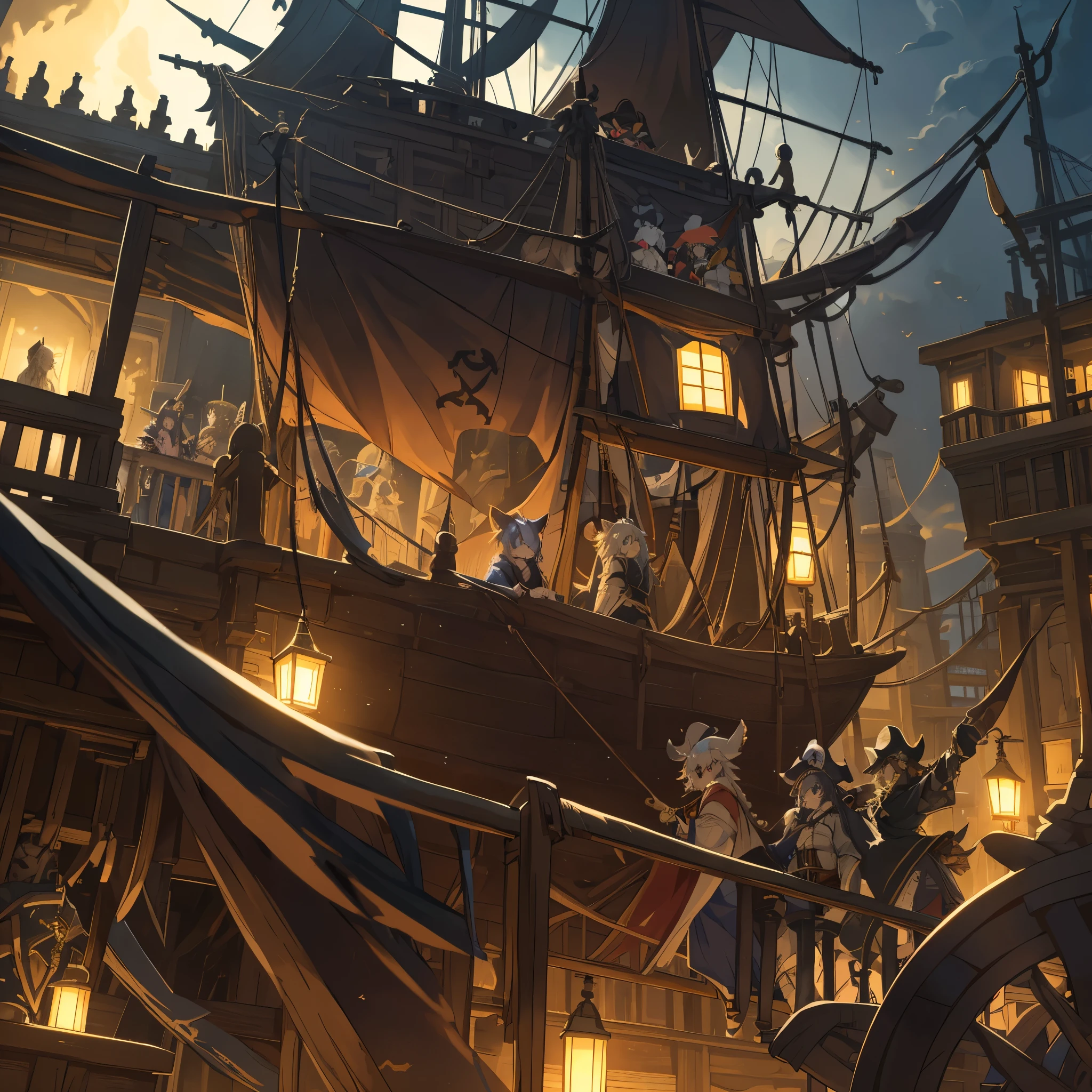 top quality, best quality, High-quality illustrations, masterpiece, super high resolution, detailed background, Hospitals with power outages, Spooky creatures, Pirate Ship, a pirate, 6+boys, 6+girls, absurdres(highly detailed beautiful face and eyes)perfect anatomy, expression, good lighting, cinematic shadow(kemono, furry anthro),