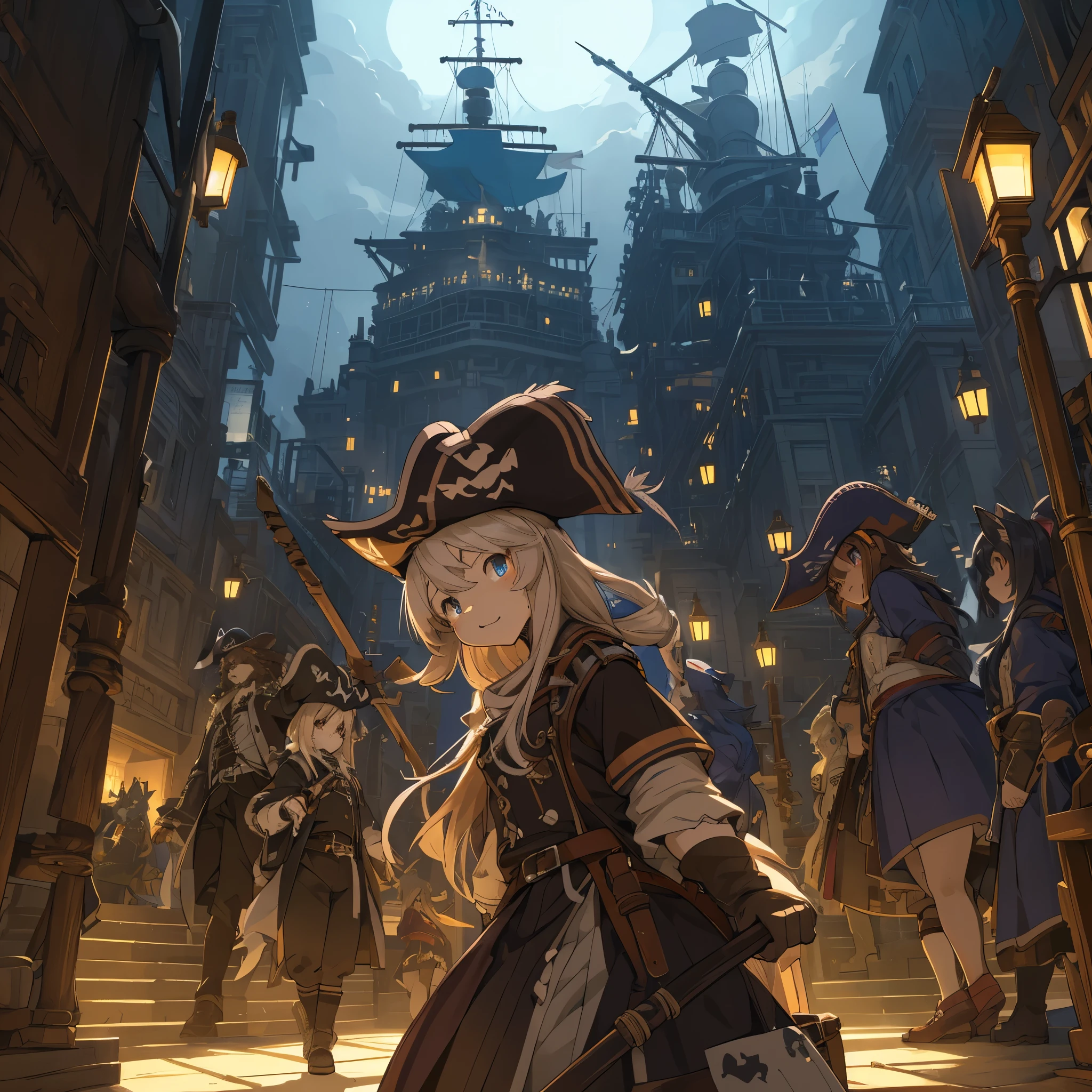 top quality, best quality, High-quality illustrations, masterpiece, super high resolution, detailed background, Hospitals with power outages, Spooky creatures, Pirate Ship, a pirate, 6+boys, 6+girls, absurdres(highly detailed beautiful face and eyes)perfect anatomy, expression, good lighting, cinematic shadow(kemono, furry anthro),