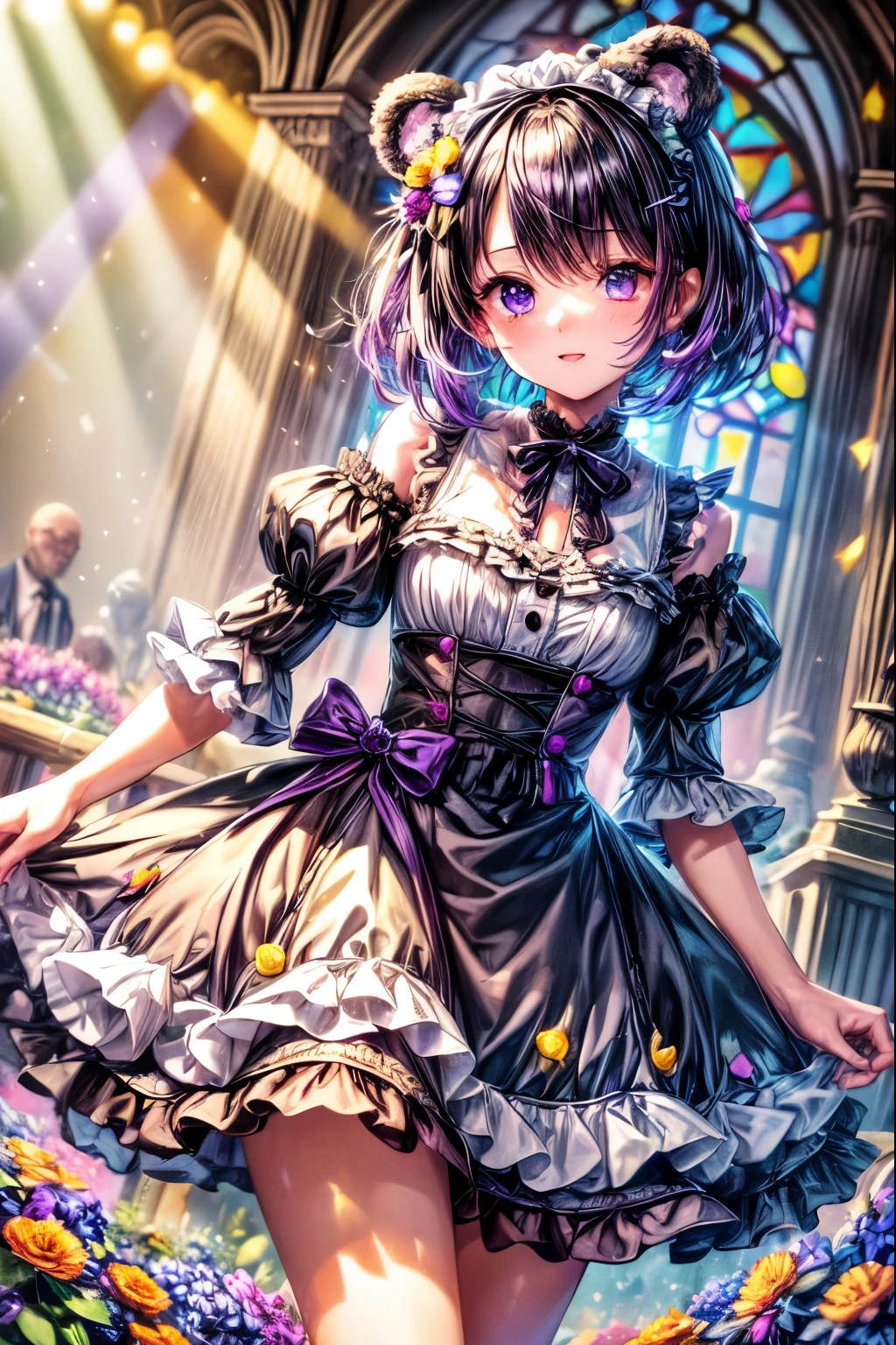 ((worst quality, low-quality)), ((Bear-eared chemomimi girl)), (Gothic lolita), ((Black-haired berry berry short)), (((Hair over one eye))), (((One eye is hidden by hair))), plump shiny lips, ((Beautiful purple eyes:1.3)), Spoken Heart, Leaning forward, (((Have a big bunch of beautiful colorful flowers in one))), Confetti, (Stained glass window background), ((Shining sunlight)), (light Particle, light glow, llight rays:1.4), masutepiece,Best Quality,ultra-detailliert,