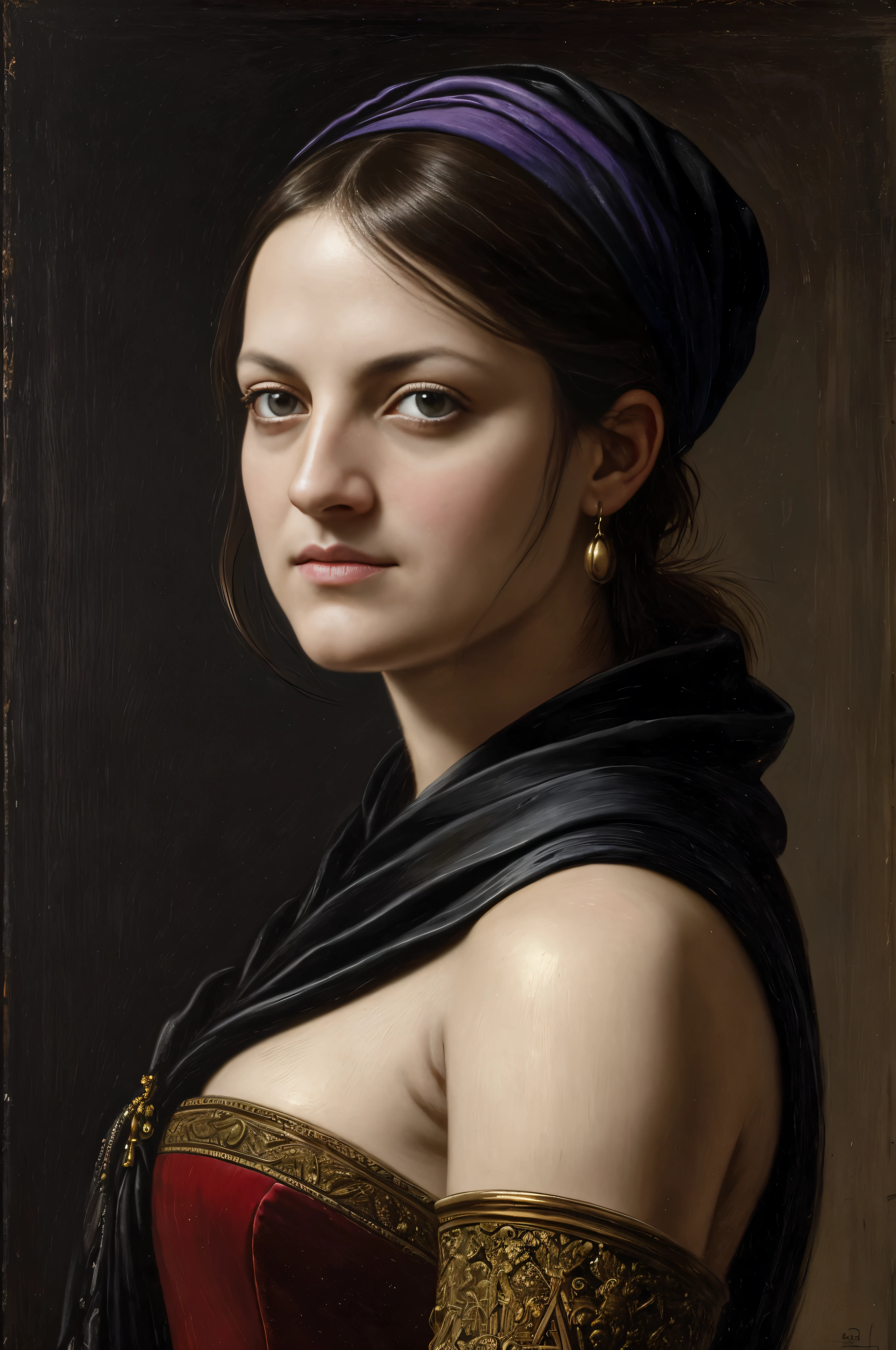 Looks like Elisabeth Moss, 45 years old Woman, thick attractive figure, A Spanish soldier in a conquistador outfit stands proudly, her slender frame almost gaunt beneath the medieval aesthetics of the day. With shoulder-length black hair cascading down her back, she wields a sword and shield while a sinister smile plays on her lips. Her piercing purple eyes reveal a depth of field that is both sharp and highly detailed, capturing the intricate details of her sharp  features. With sunken eyes and a scar over her left cheek, she eschews a helmet or hat, allowing her jet black hair to frame her face in baroque style. Her rage is palpable in her angry, ragged eyes as if ready for battle. This detailed oil painting, infused with Glazing, Tenebrism, and scumbling techniques, recalls the masterpieces of Rembrandt and Artemisia Gentileschi.
