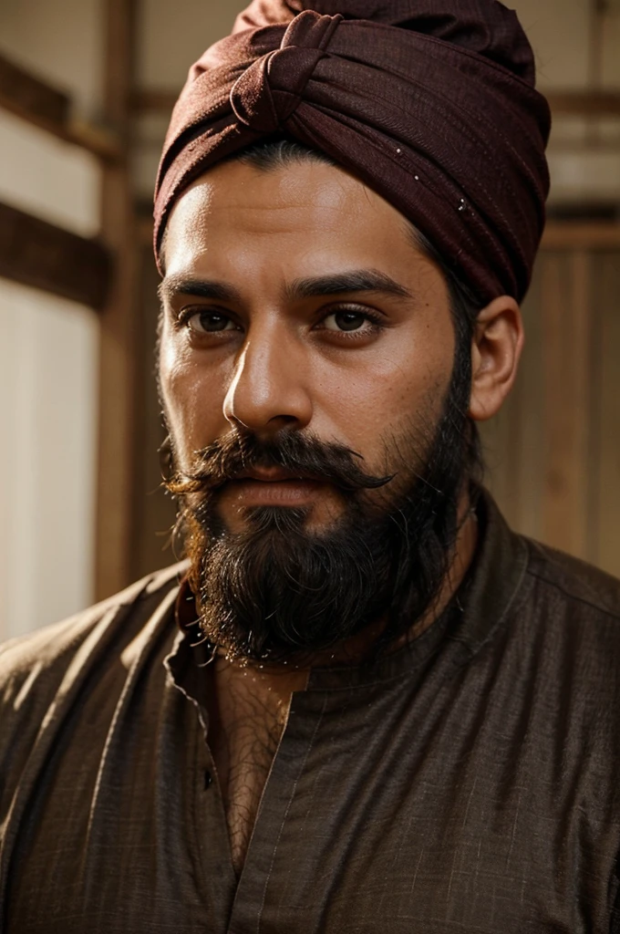 man, wearing a turban, 30 years old man, showing forehead, detailed face, handsome, big beard and moustache