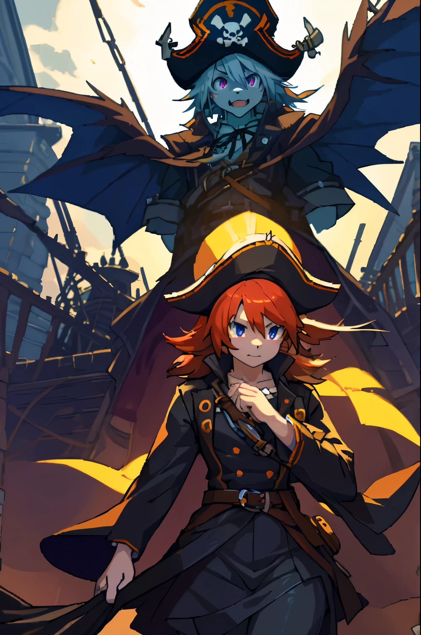 ((1 pirate monster woman, filtered panties, bare breasts, with arms with a big crab claw)),((medium breasts)),((very large pubic hair)),((big orange hair)),( (yellow eyes, smile)),((facing the viewer)),((on a pirate ship, at sea during the day)),