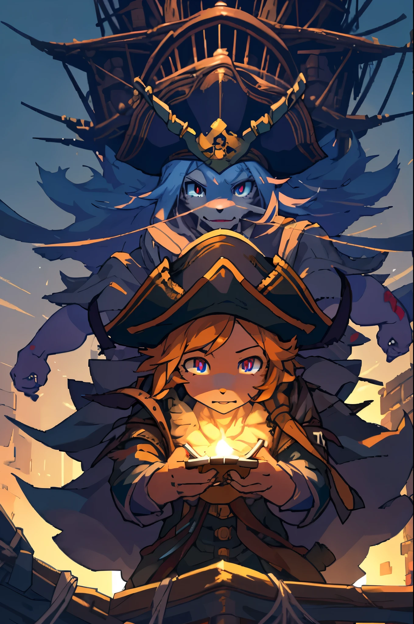 cover page, highres, top quality, best quality, paid reward available, unparalleled masterpiece, perfect artwork, absurdres, High-quality illustrations, super high resolution, detailed background, Hospitals with power outages, Spooky creatures, Pirate Ship, a pirate, 6+boys, 6+girls, absurdres(highly detailed beautiful face and eyes)perfect ???????, expression, good lighting, cinematic shadow(kemono, furry anthro),