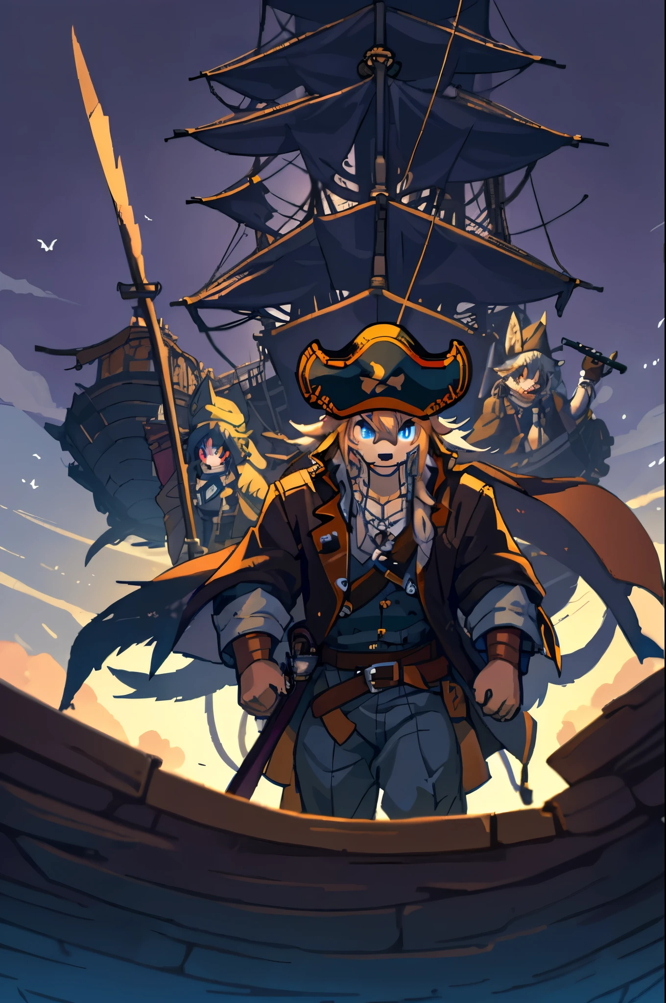cover page, highres, top quality, best quality, paid reward available, unparalleled masterpiece, perfect artwork, absurdres, High-quality illustrations, super high resolution, detailed background, Hospitals with power outages, Spooky creatures, Pirate Ship, a pirate, 6+boys, 6+girls, absurdres(highly detailed beautiful face and eyes)perfect anatomy, expression, good lighting, cinematic shadow(kemono, furry anthro),