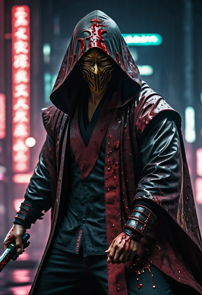 sh4g0d风格赛博朋克武士，(cape mask:1.2),(Strong dynamic stance:1.5)，(struggle:1.3)，(blood spatter)，Strong，His face is very determined， 8k, Ultra-detailed, precise, best quality