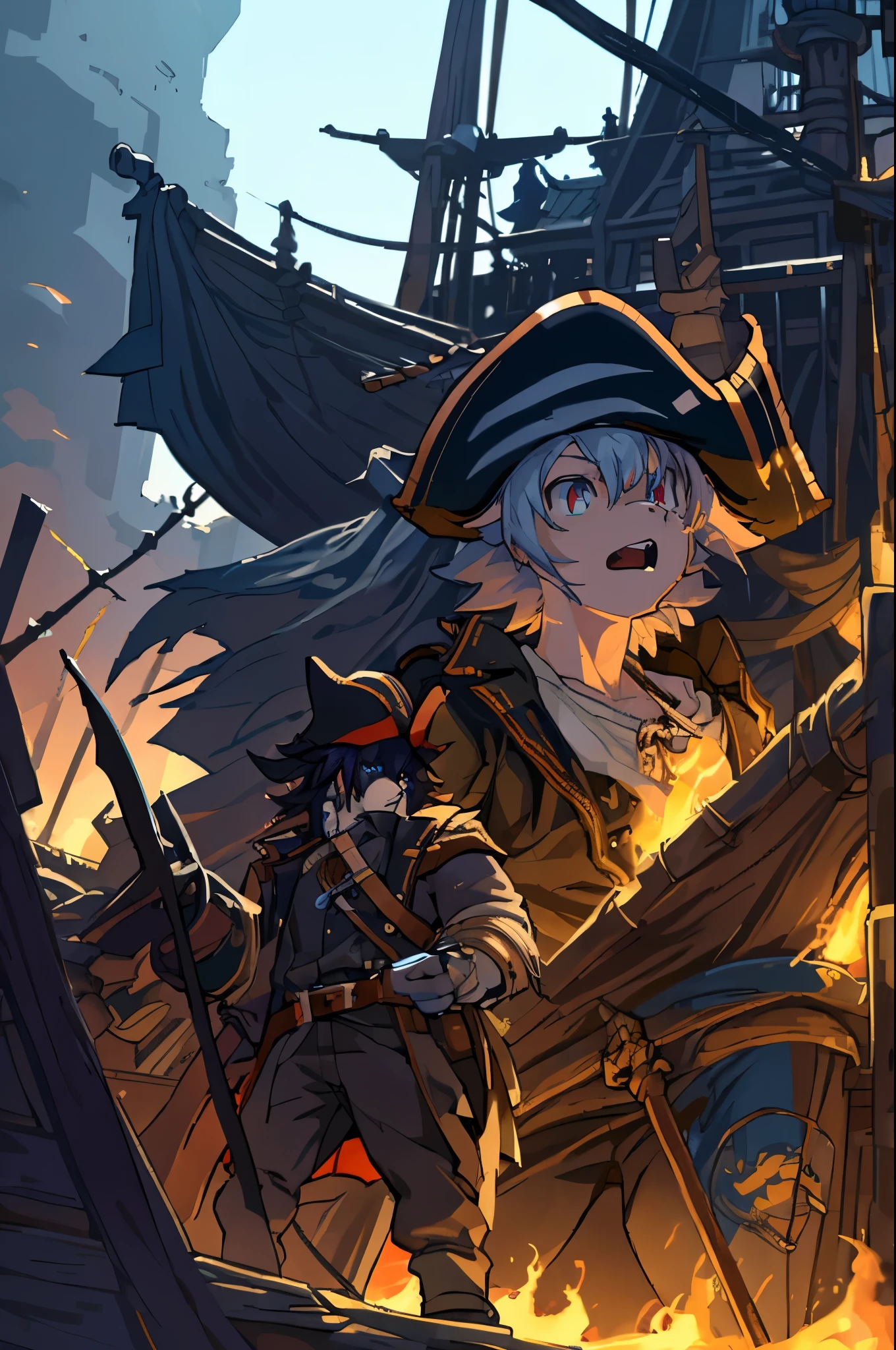 cover page, highres, top quality, best quality, paid reward available, unparalleled masterpiece, perfect artwork, absurdres, High-quality illustrations, super high resolution, detailed background, Hospitals with power outages, Spooky creatures, Pirate Ship, a pirate, 6+boys, 6+girls, absurdres(highly detailed beautiful face and eyes)perfect anatomy, expression, good lighting, cinematic shadow(kemono, furry anthro),