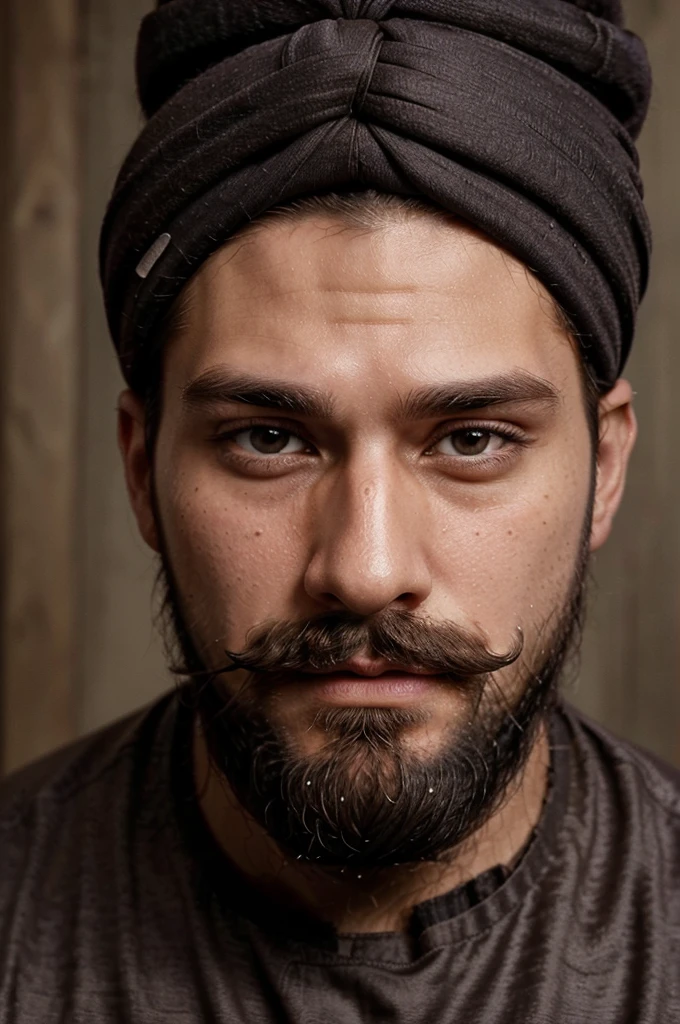(detailed face,detailed features,handsome face,handsome features) (30-year-old) man, (bearded,beard:1.1,mustache:1.1), (turban:1.1), showing forehead