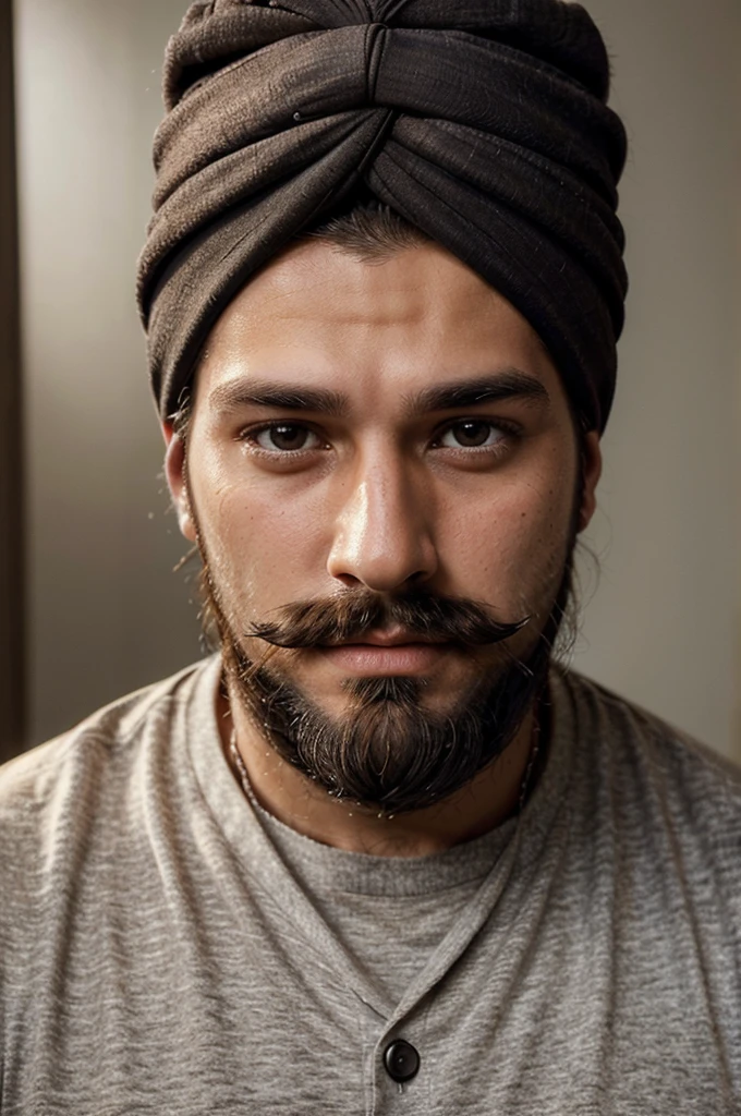 (detailed face,detailed features,handsome face,handsome features) (30-year-old) man, (bearded,beard:1.1,mustache:1.1), (turban:1.1), showing forehead