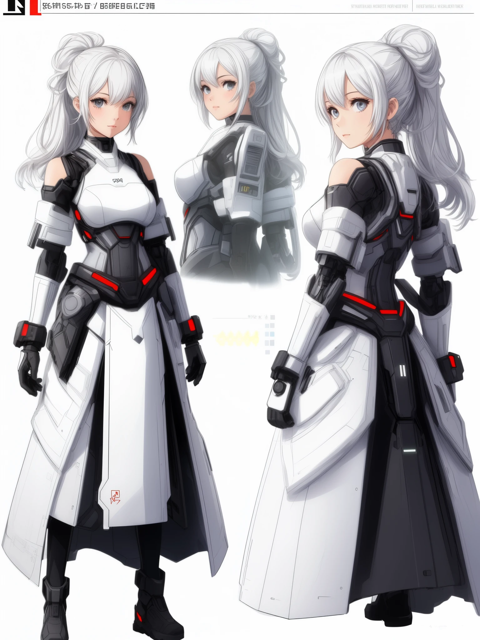 (CharacterSheet:1), (three view drawing), (multiple views, full body, upper body, reference sheet:1.2), (simple background, white background), (simple background, white background), cyborg girl, futuristic, cyberpunk