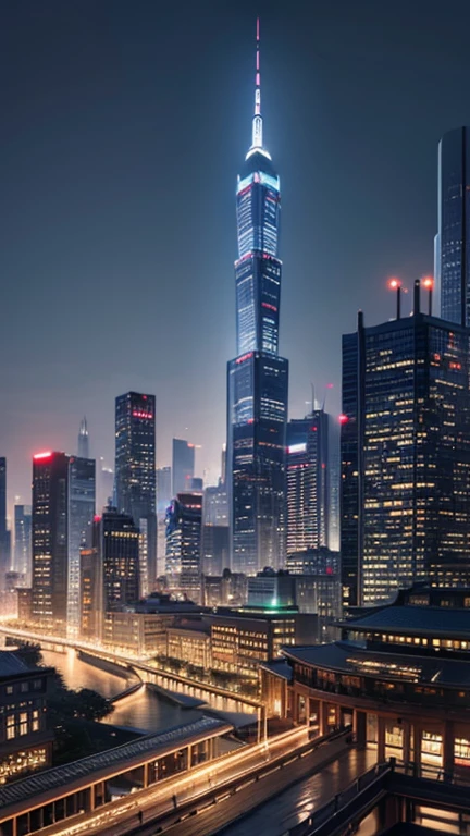 Edo時代の建物が発展した未来の世界、future city、Edo、highest quality、masterpiece、digital art、detailed、３ｄreal、Magnificent panorama、