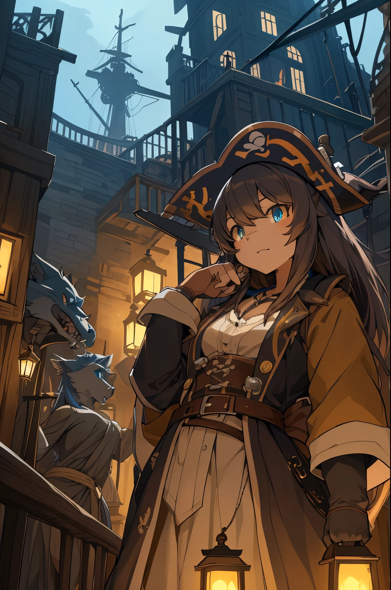 top quality, best quality, High-quality illustrations, masterpiece, super high resolution, detailed background, Hospitals with power outages, Spooky creatures, Pirate Ship, a pirate, 6+boys, 6+girls, absurdres(highly detailed beautiful face and eyes)perfect anatomy, expression, good lighting, cinematic shadow(kemono, furry anthro),