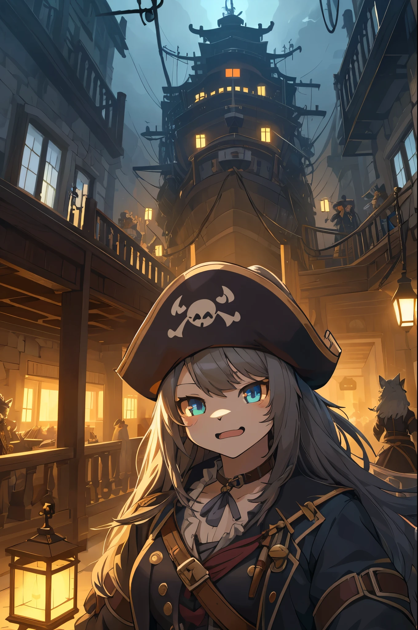 top quality, best quality, High-quality illustrations, masterpiece, super high resolution, detailed background, Hospitals with power outages, Spooky creatures, Pirate Ship, a pirate, 6+boys, 6+girls, absurdres(highly detailed beautiful face and eyes)perfect anatomy, expression, good lighting, cinematic shadow(kemono, furry anthro),
