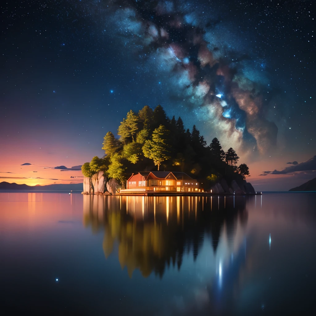 View of an island with the starry sky reflecting off the water