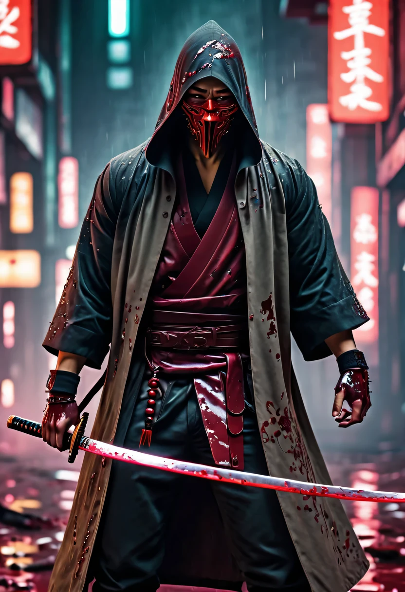 sh4g0d风格赛博朋克武士，(cape mask:1.2),(Strong dynamic stance:1.5)，(struggle:1.3)，(blood spatter)，Strong，His face is very determined， 8k, Ultra-detailed, precise, best quality