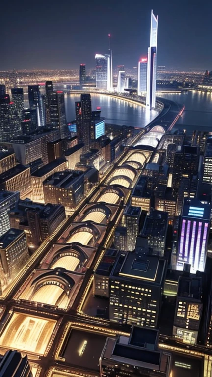 Draw a cityscape with futuristic Edo buildings.。Lined with skyscrapers、Imagine a scene where you can see a shining skyline.。　Edo period atmosphere、Edo period building、 - 「Draw a futuristic cityscape。floating gardens and highways、Please describe a scene depicting futuristic means of transportation.　masterpiece　highest quality　３ｄｃｇ