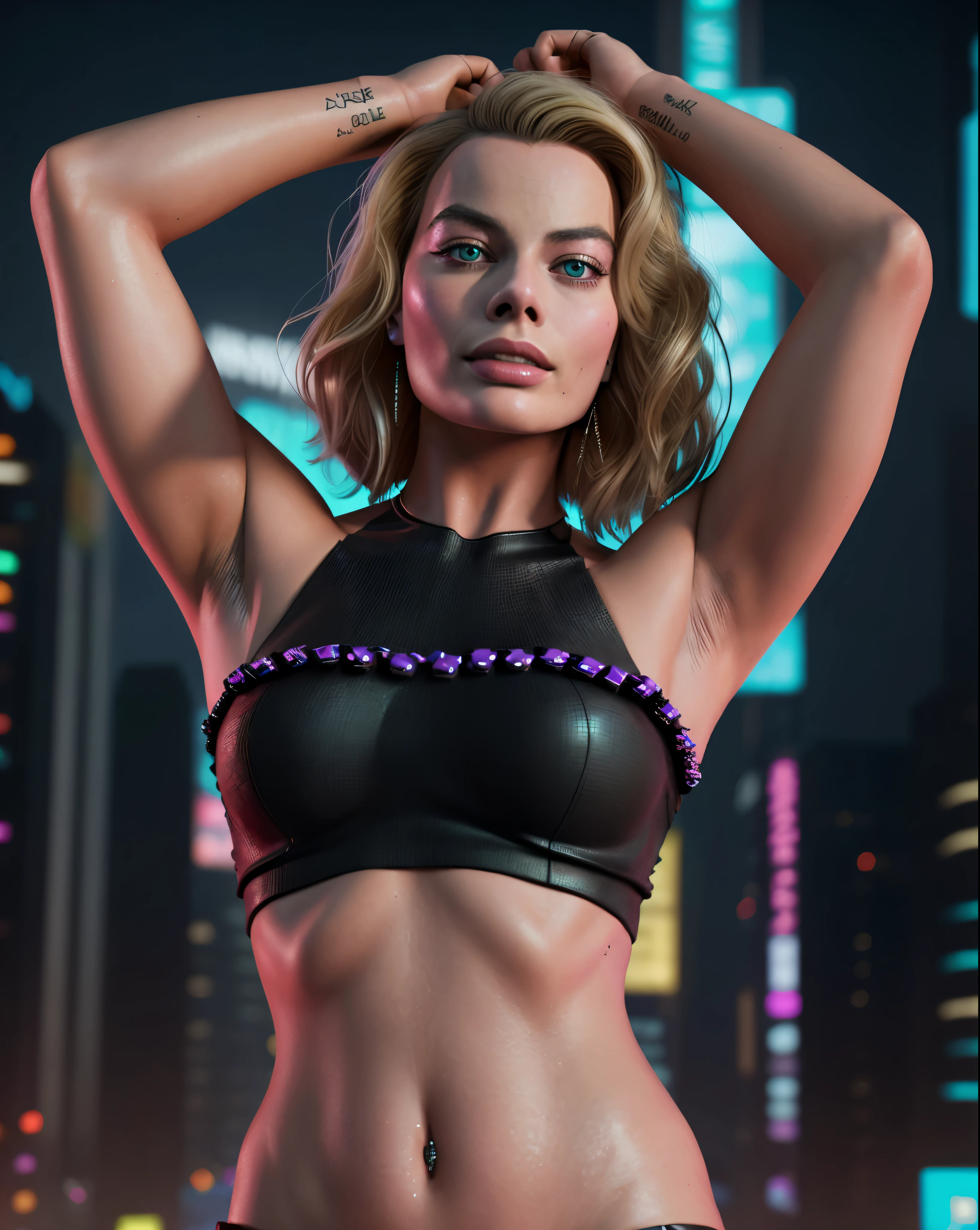 Euro woman, blue eyes, wearing eye liner, wet indigo hair, short hair, wet hair, wearing a latex miniskirt and crop top, cleavage