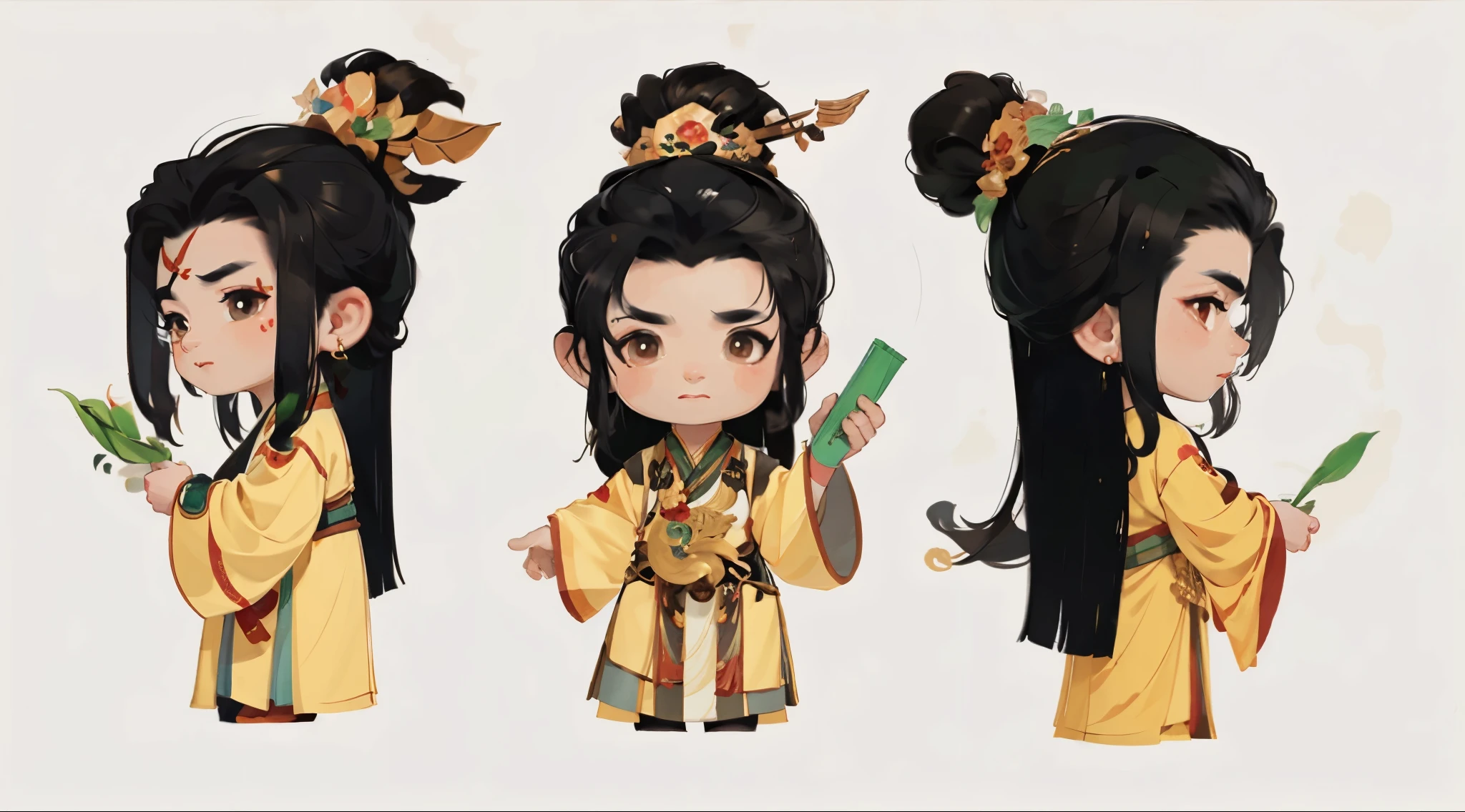 Long black haired boy in ancient Chinese costume holding green bamboo slips in his hand, elaborate and textured costume, 8k, high quality image