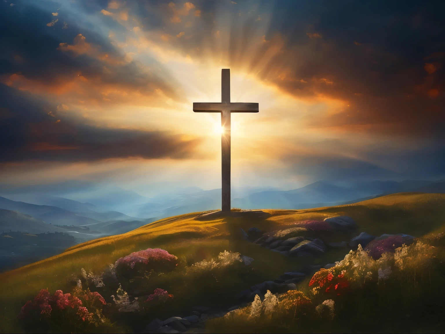 arafed cross on a hill with a beautiful sky and sun, cross, bright light masterpiece, cross composition, best on adobe stock, the lord and savior, easter, holy, holy cross, by Kurt Roesch, shutterstock, christianity, religious, christian art, holy and beautiful, by Harrington Mann, shadow of the cross, by mark keathley