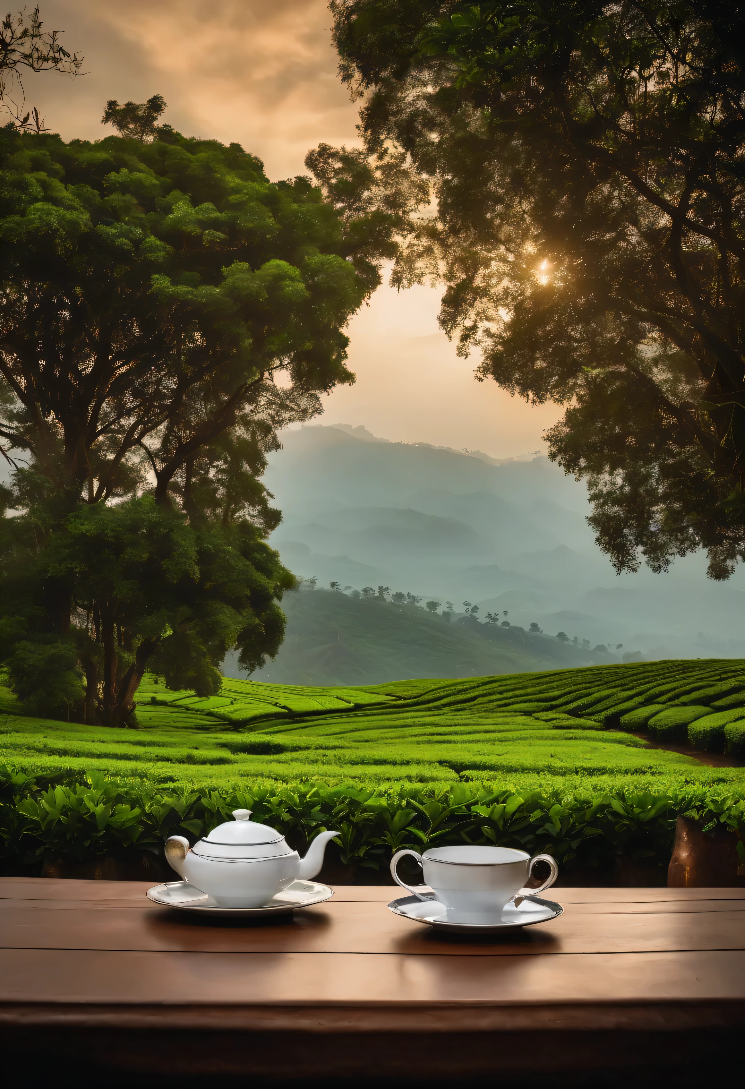 Sri Lanka tea field in the background,large empty table in the spotlight,high quality