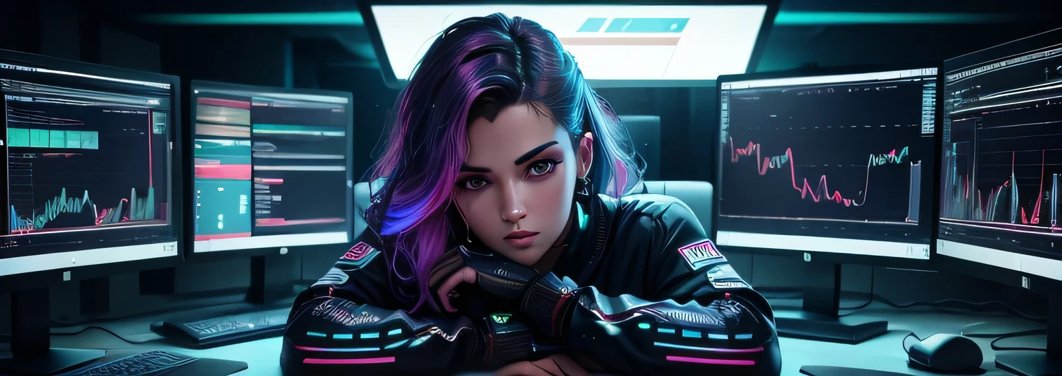 and digital holograms. The girl's eyes and lips are beautifully detailed 👀💋. The artwork is created using a combination of digital illustration and photorealistic rendering techniques 🖌️📷. L'image est de la meilleure qualité, with ultra-detailed features and sharp focus ✨. Les couleurs sont vibrantes et vives, avec une touche d'cyberpunk aesthetic 🌈. L'lighting is dramatic, with a mixture d'neon and light effects'studio lighting 🎇.Il y a un homme assis à un bureau avec deux écrans d'ordinateur., assis devant un ordinateur, assis devant l'ordinateur, en regardant le moniteur, affichage des graphiques boursiers, assis devant un bureau d'ordinateur, En face d'un ordinateur, commerce, commerce stocks,