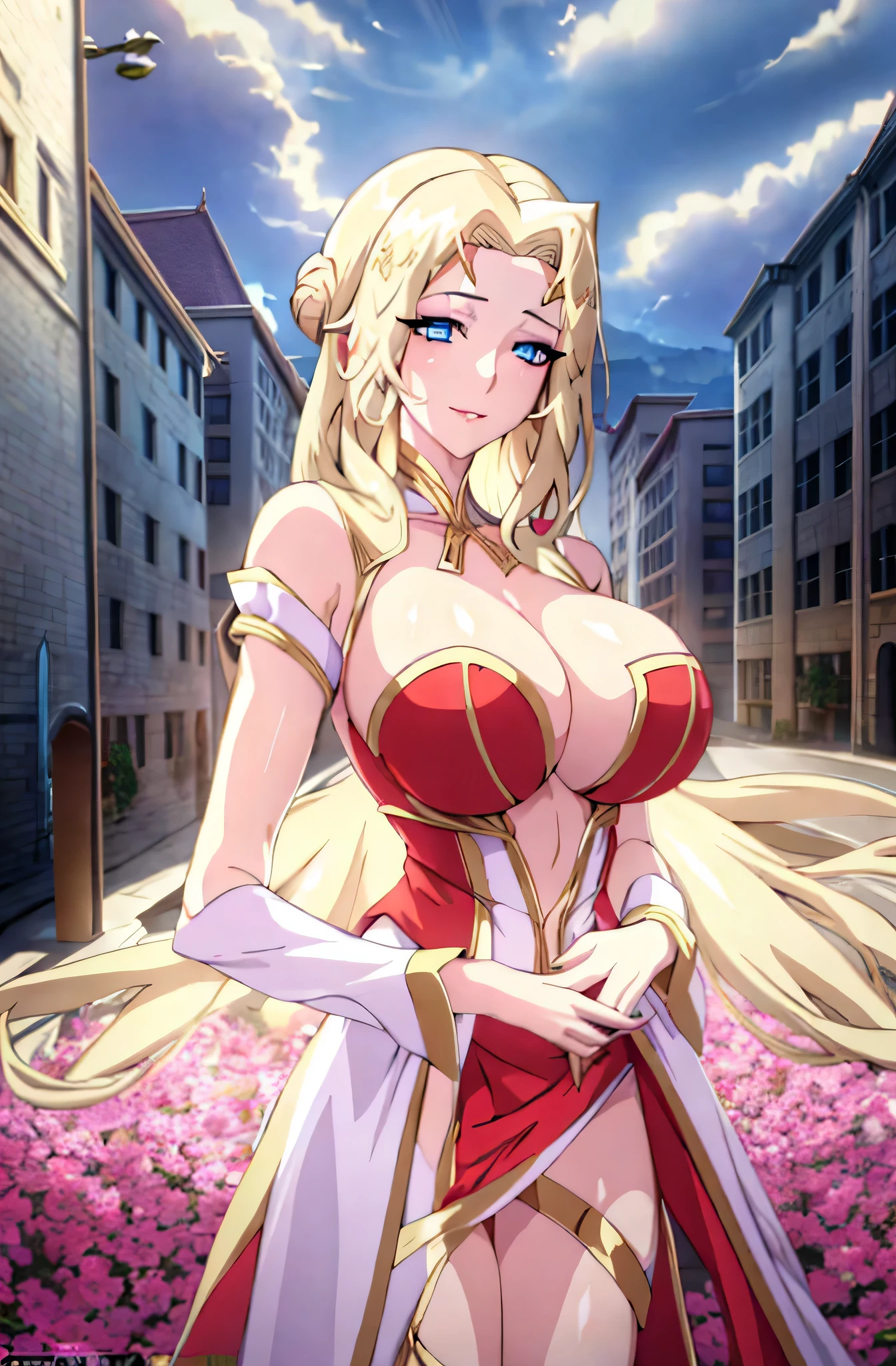 Lian, long white hair, single hair bun, hair stick,bangs,blue eyes, solo, smiling, standing, upper body, hips, bare shoulders,purple thighhighs,red dress, gold jewelry,armor,gloves,circlet, cleavage, red and gold royal castle, gigantic breasts, (best quality, masterpiece, beautiful and aesthetic:1.2, highest detailed face, perfect face,)  eyes, perfect face,expressive eyes,
looking at viewer, in the center of the image,(Upper_body),(Focus on her face),
official art,extremely detailed CG unity 8k wallpaper, perfect lighting,Colorful, Bright_Front_face_Lighting,shiny skin, 
(masterpiece:1.0),(best_quality:1.0), ultra high res,4K,ultra-detailed
