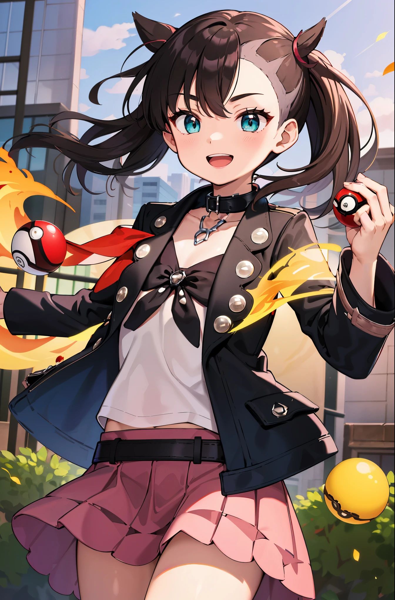 masterpiece, best quality, high resolution, Hamani, aqua eyes, black collar, red belt, pink skirt, jewelry, black jacket, open clothes, long sleeves, Cowboy shooting, Permanently installed, venue, holding poke ball, poke ball \(basic\), Smile, open mouth,