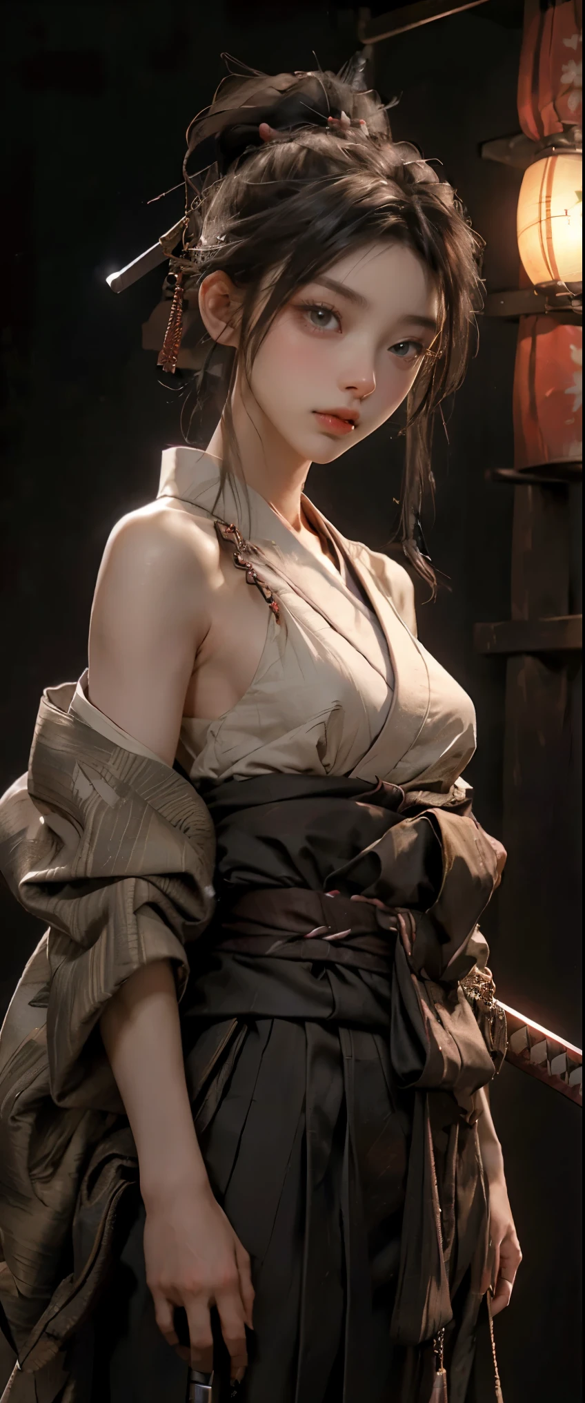 masterpiece、highest quality、超High resolution、realistic skin texture、Wearing a Japanese kimono and hakama、(He has a sword at his waist.)、photorealistic、High resolution、Raw photo、shiny skin、realistic skin texture、best lighting、shine、dramatic lighting、dynamic pose、Japan wooden house、Female Samurai、swing a sword、1girl、balanced eyes、Wearing a Japanese kimono and hakama、ponytail、Blue eyes、look at the audience、 big breasts、big ass、